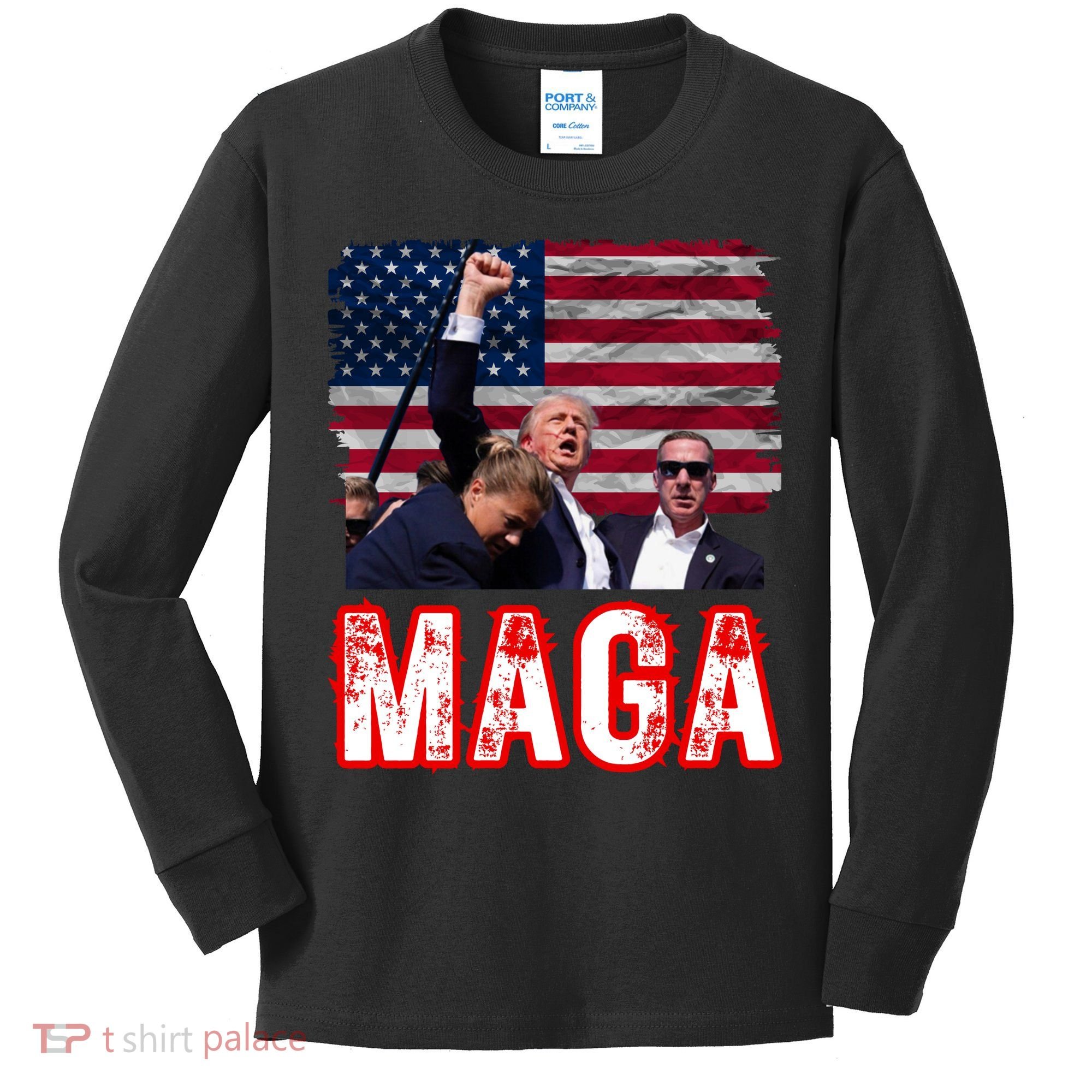 Maga Trump Iconic Fist Raised Kids Long Sleeve Shirt