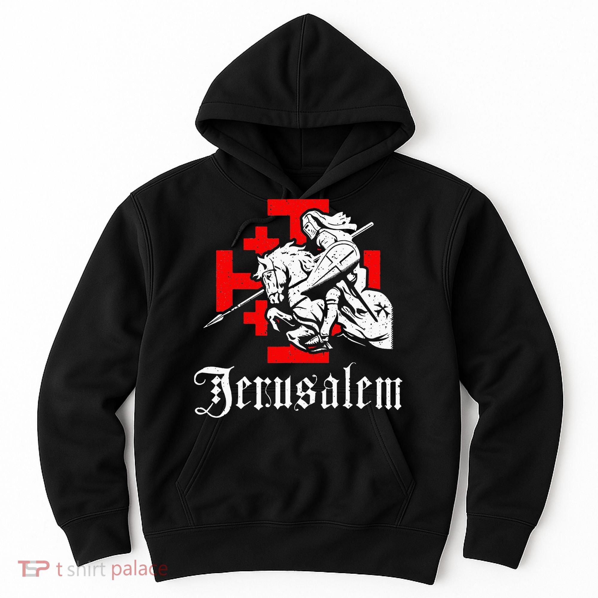 Medieval Templar Knight On War Horse Jerusalem Cross Hoodie