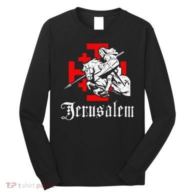 Medieval Templar Knight On War Horse Jerusalem Cross Long Sleeve Shirt