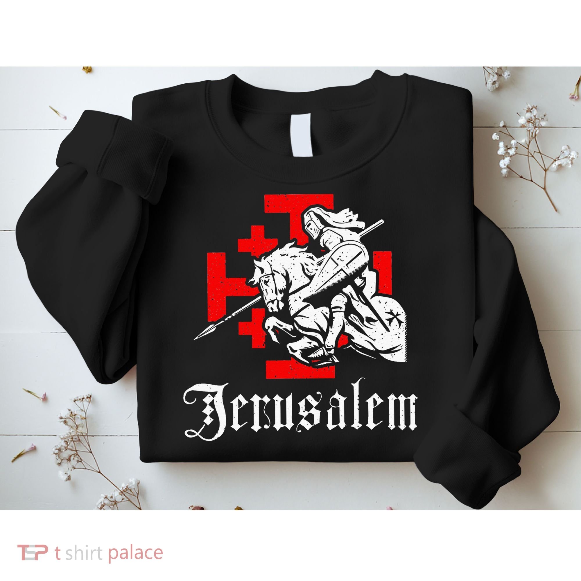 Medieval Templar Knight On War Horse Jerusalem Cross Sweatshirt