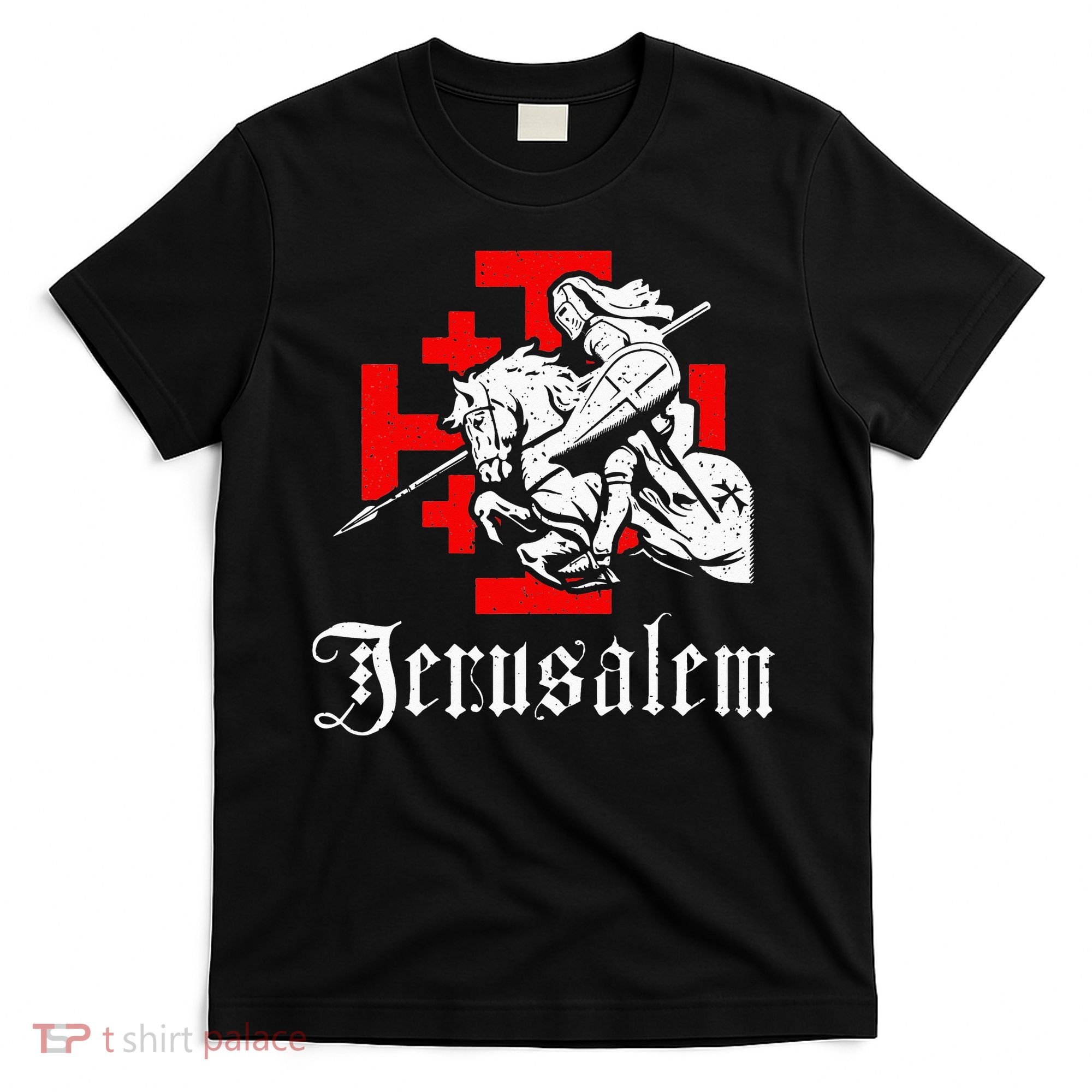 Medieval Templar Knight On War Horse Jerusalem Cross T-Shirt