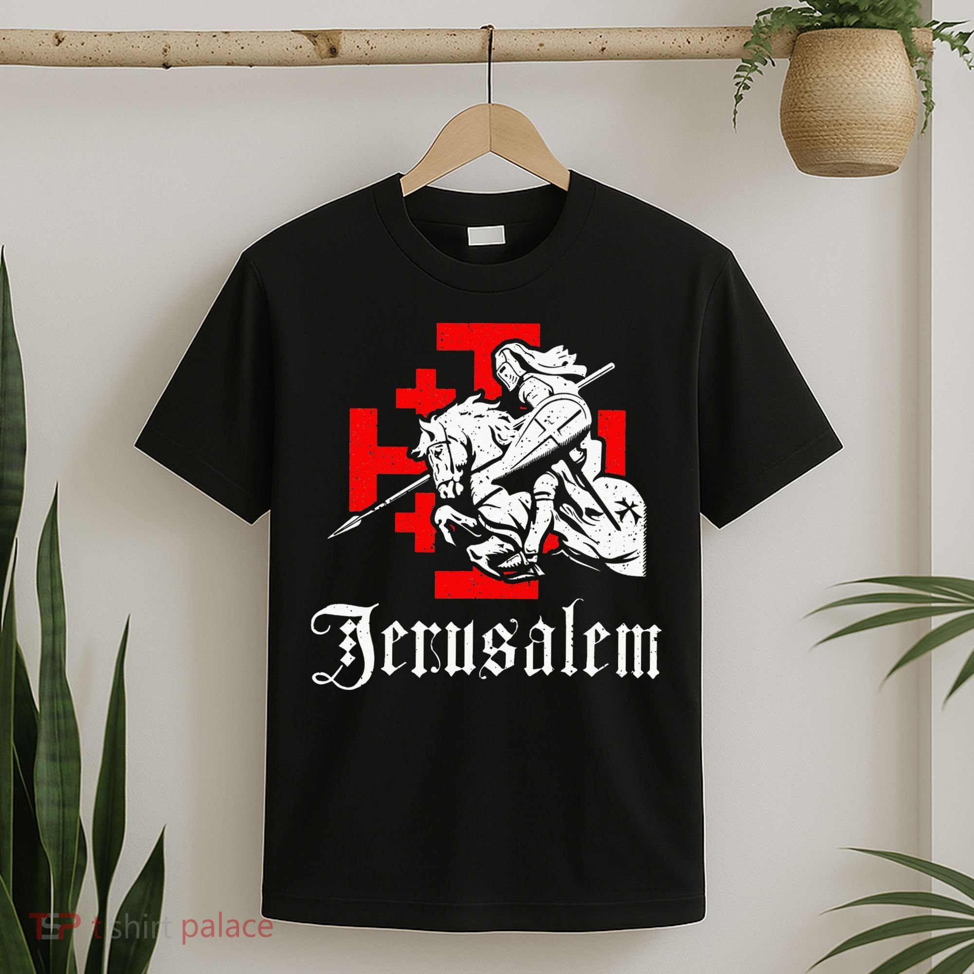 Medieval Templar Knight On War Horse Jerusalem Cross T-Shirt