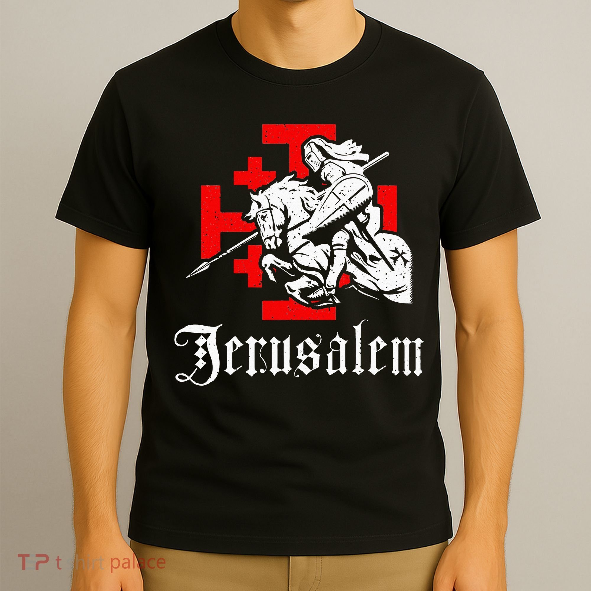 Medieval Templar Knight On War Horse Jerusalem Cross T-Shirt
