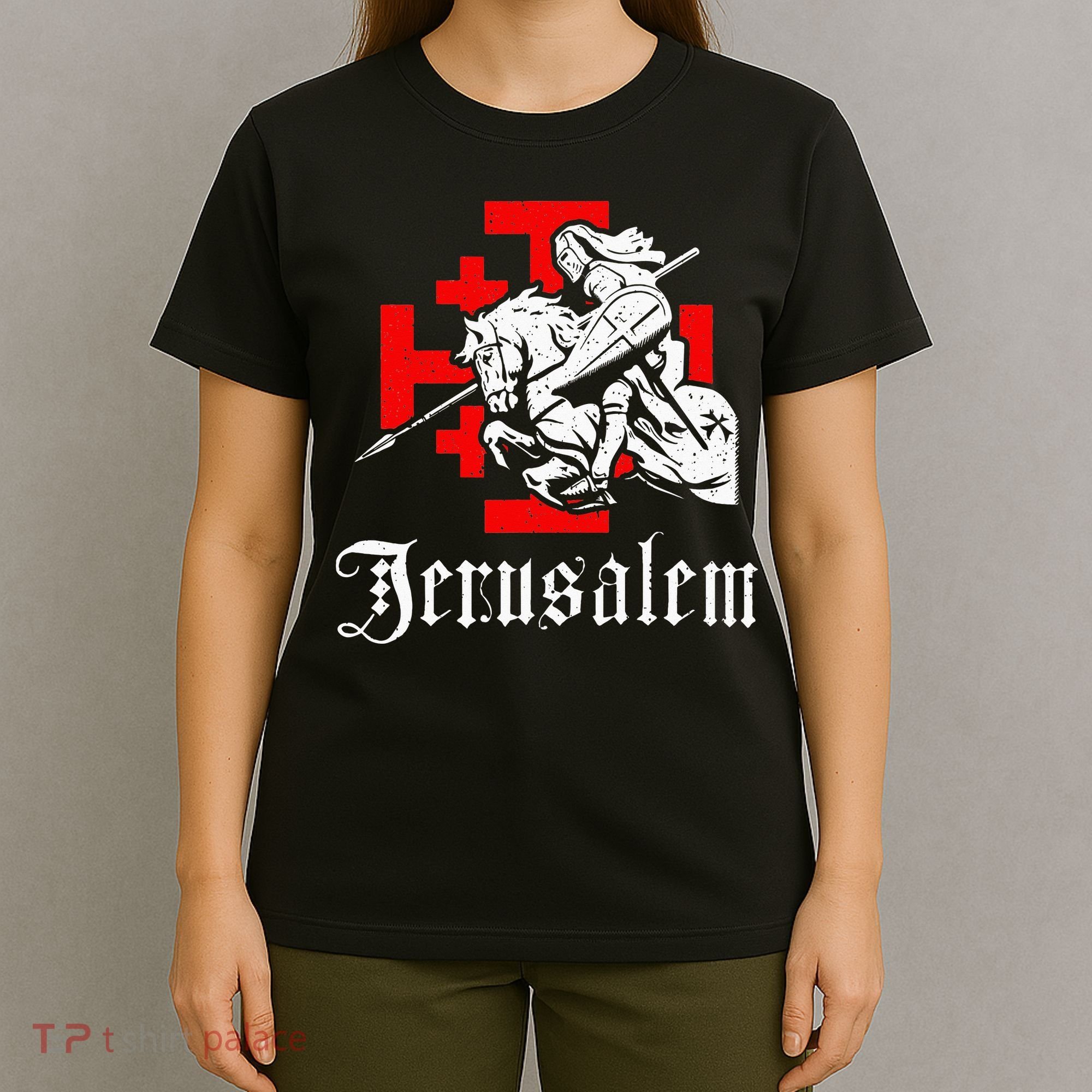 Medieval Templar Knight On War Horse Jerusalem Cross T-Shirt