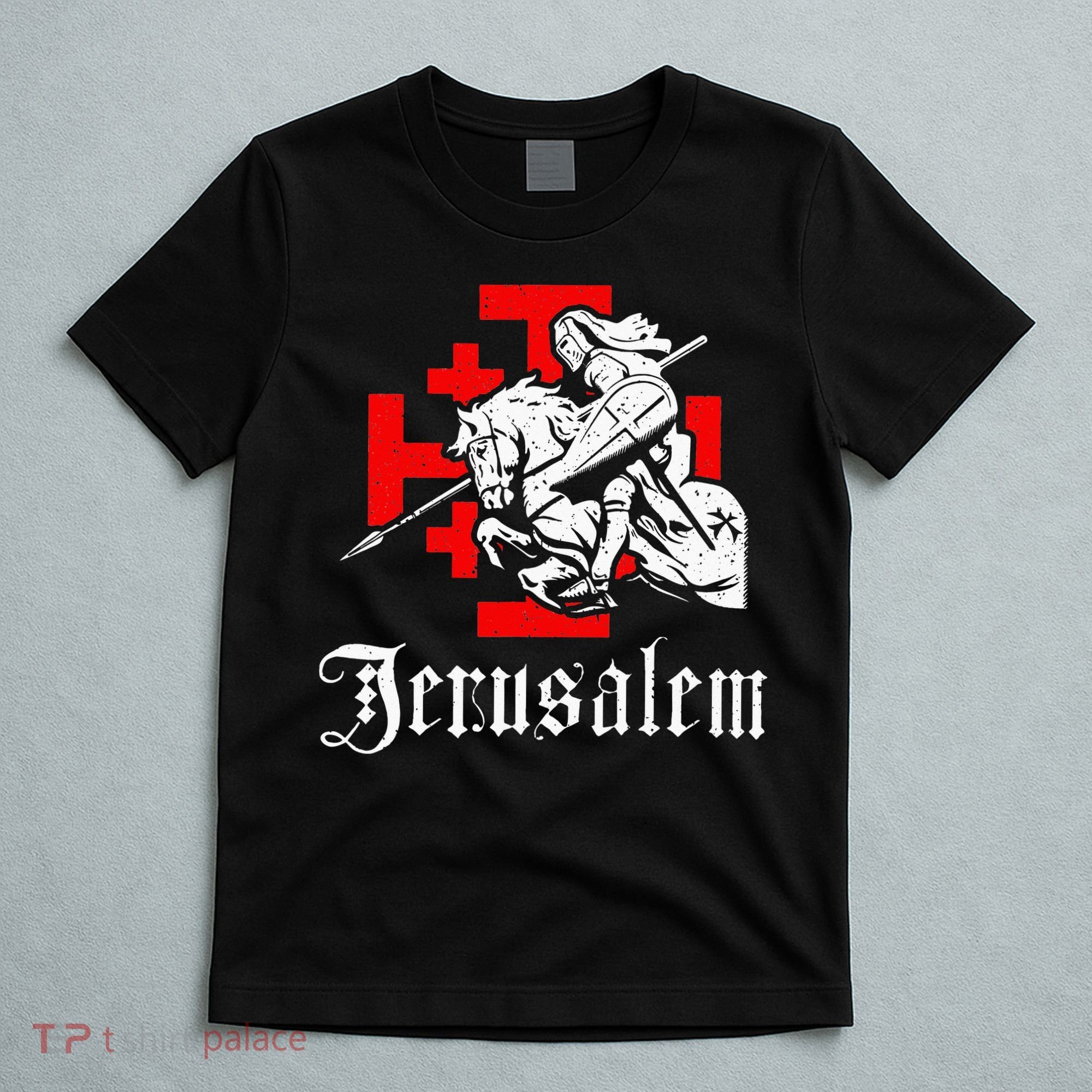 Medieval Templar Knight On War Horse Jerusalem Cross T-Shirt