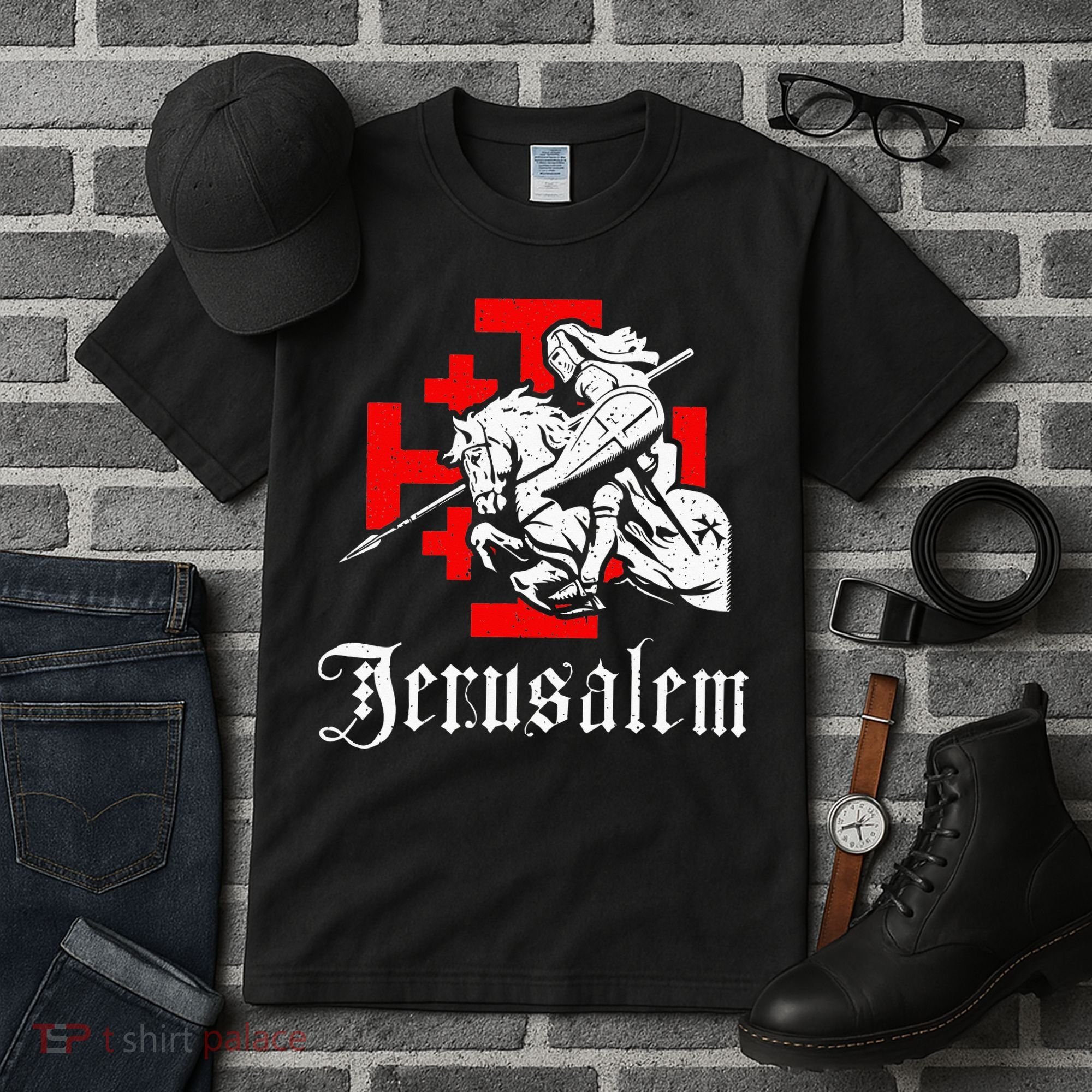 Medieval Templar Knight On War Horse Jerusalem Cross Tall T-Shirt