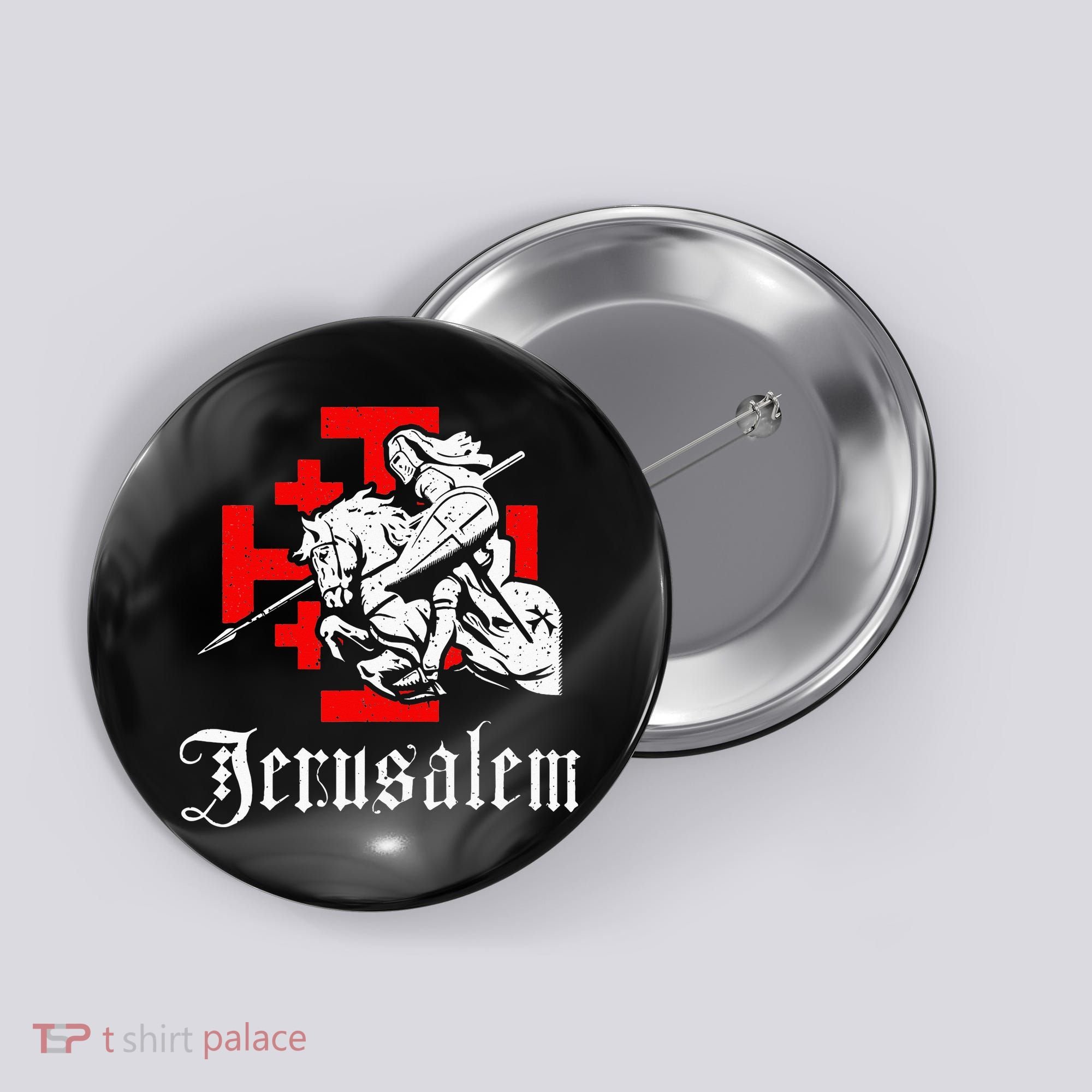 Medieval Templar Knight On War Horse Jerusalem Cross Button