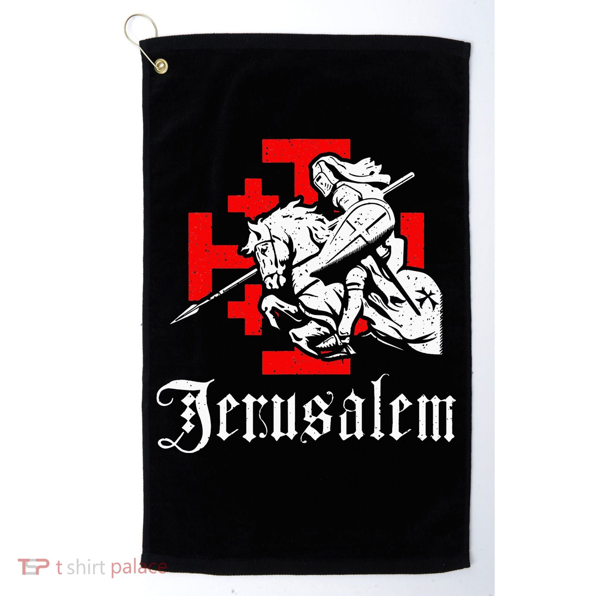 Medieval Templar Knight On War Horse Jerusalem Cross Golf Towel