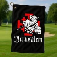 Medieval Templar Knight On War Horse Jerusalem Cross Golf Towel thumb 1