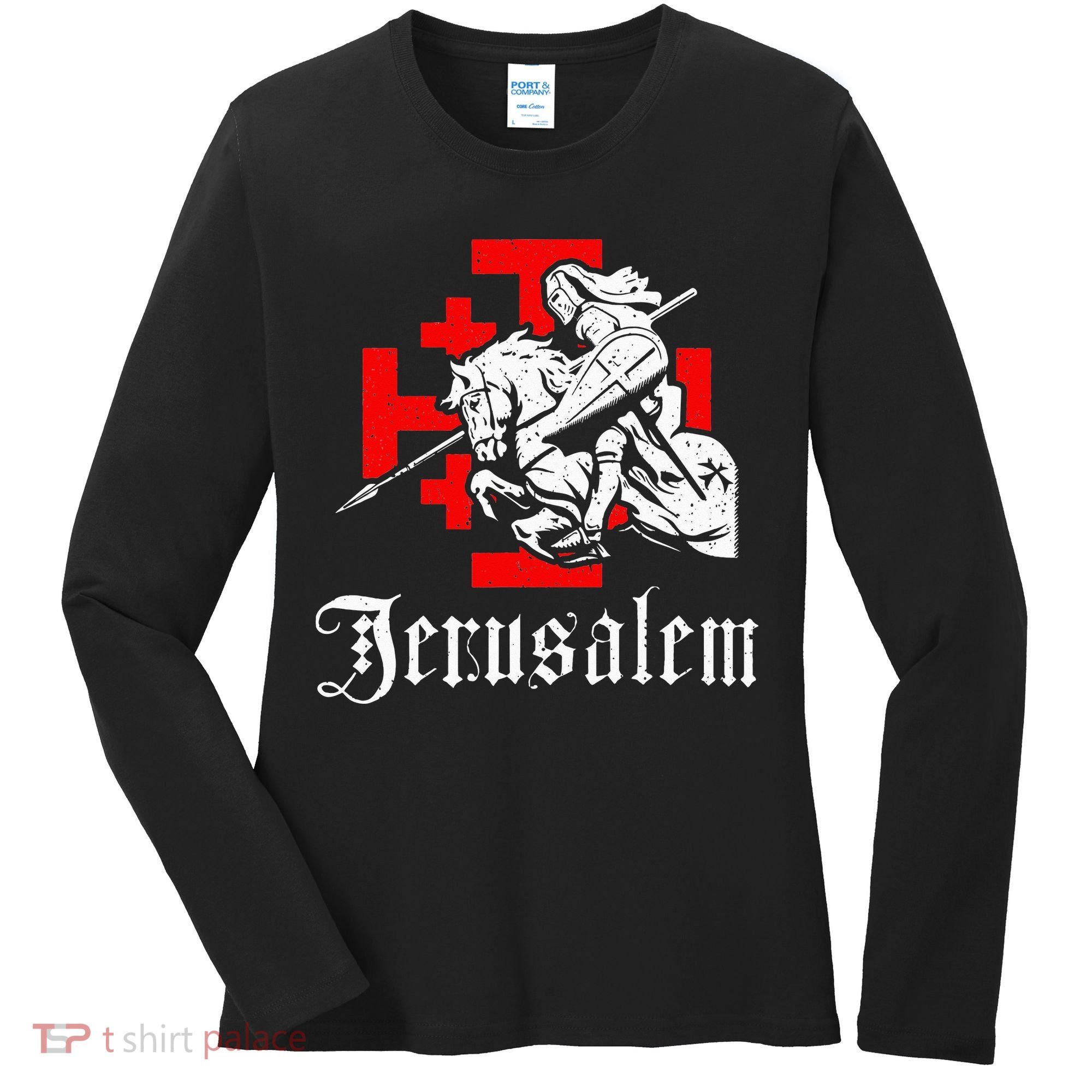 Medieval Templar Knight On War Horse Jerusalem Cross Women's Long Sleeve Shirt