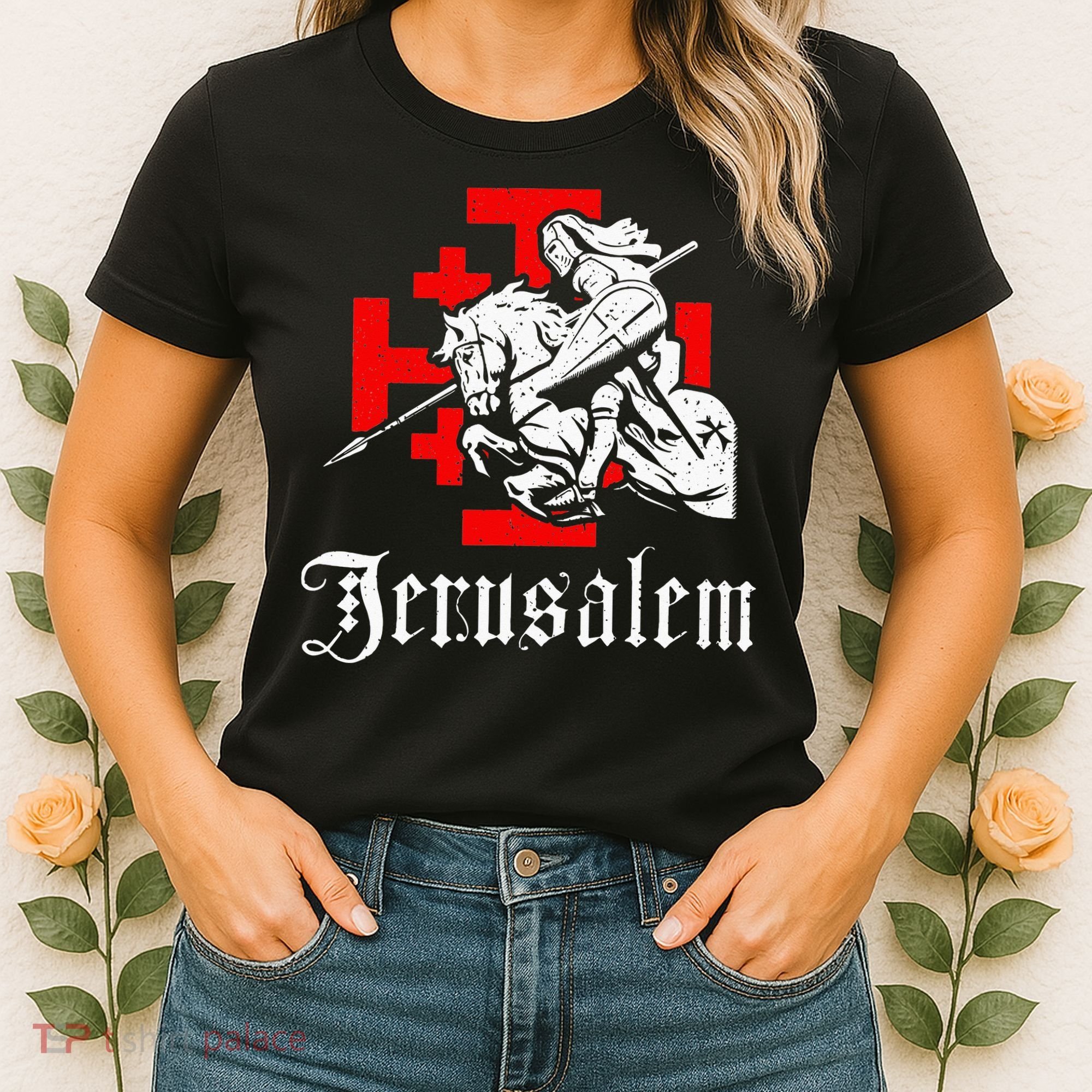 Medieval Templar Knight On War Horse Jerusalem Cross Women's T-Shirt