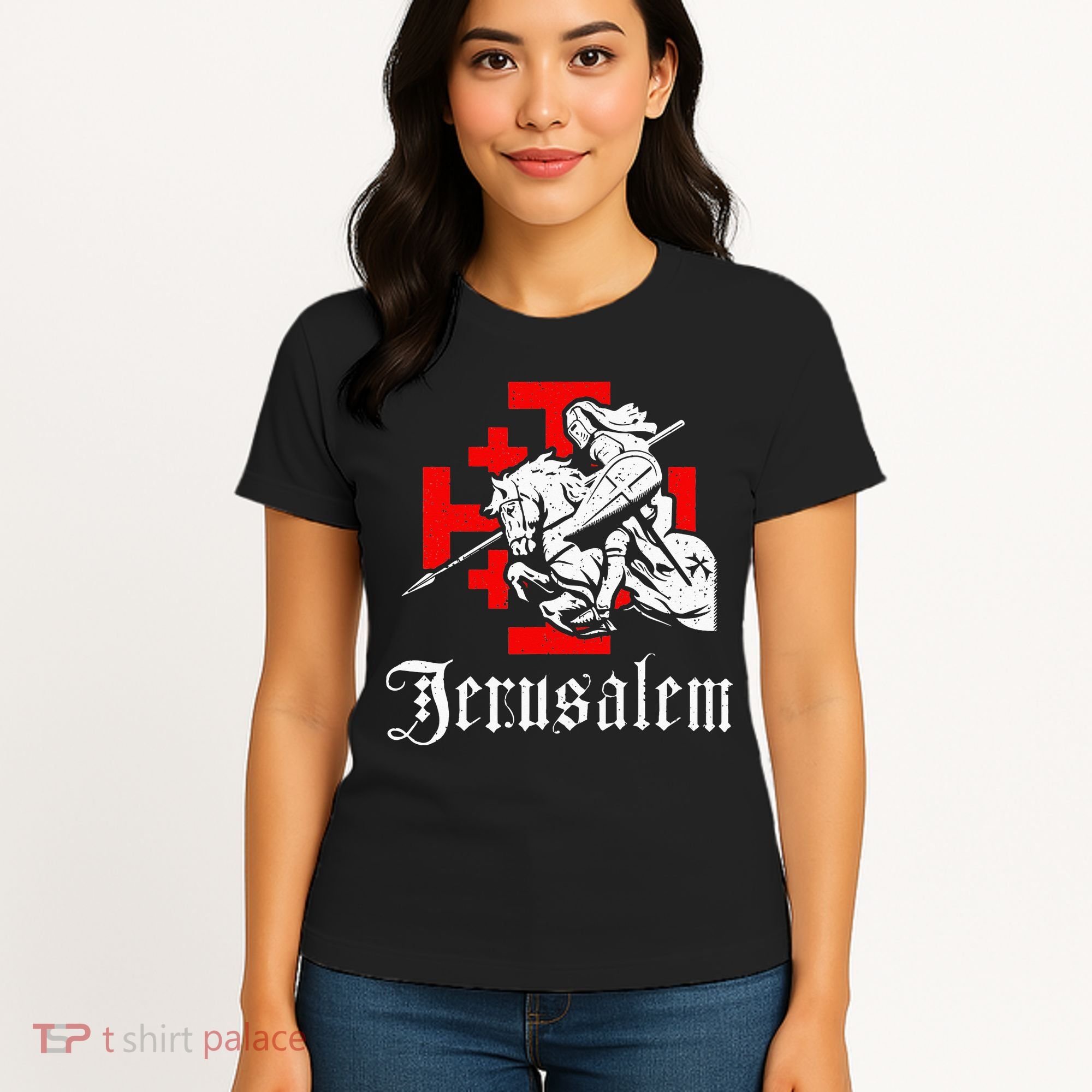 Medieval Templar Knight On War Horse Jerusalem Cross Women's T-Shirt
