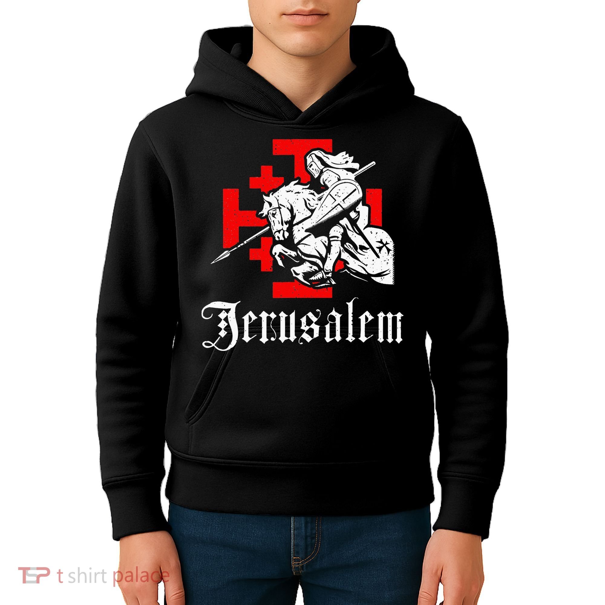 Medieval Templar Knight On War Horse Jerusalem Cross Kids Hoodie
