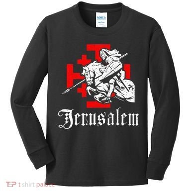 Medieval Templar Knight On War Horse Jerusalem Cross Kids Long Sleeve Shirt