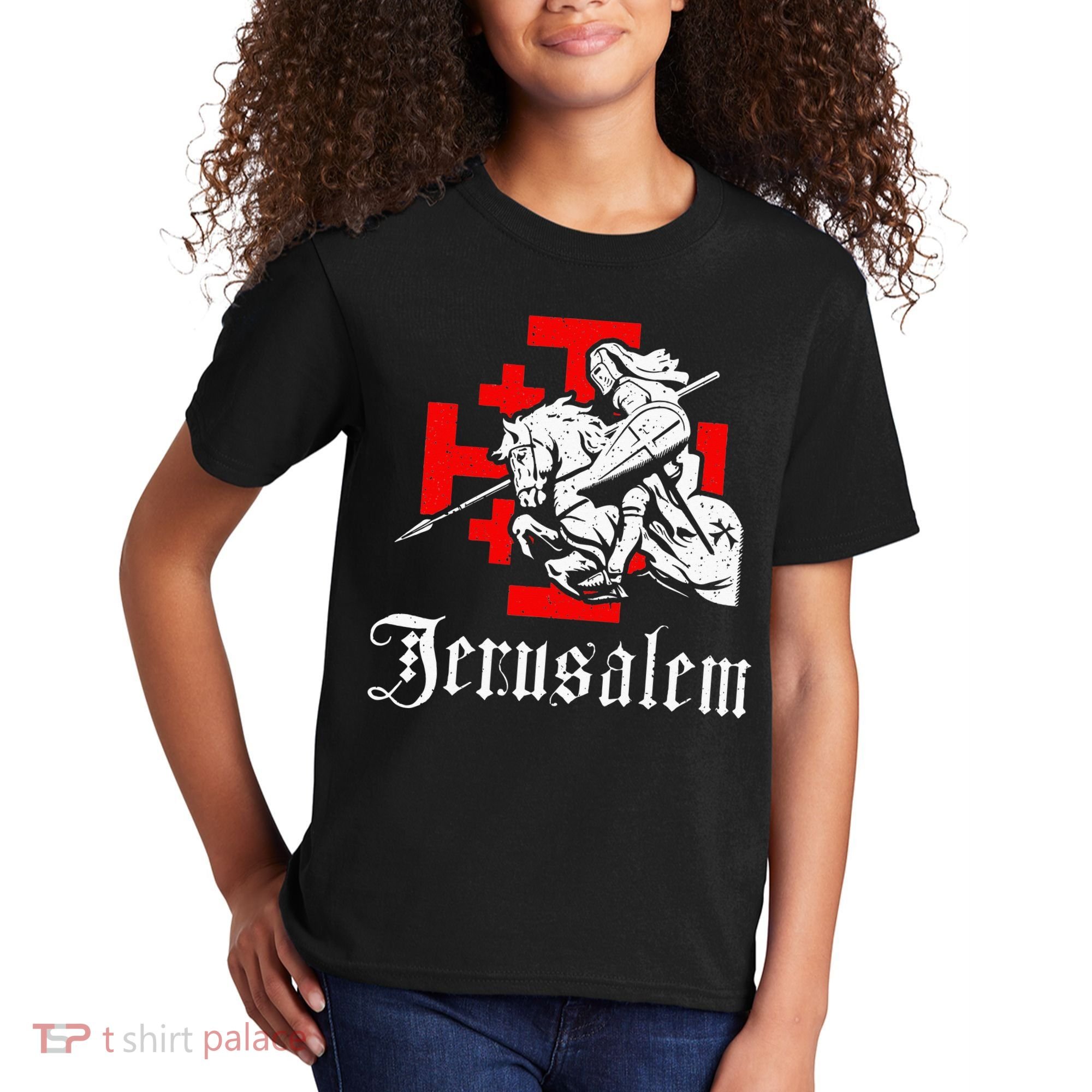 Medieval Templar Knight On War Horse Jerusalem Cross Kids T-Shirt