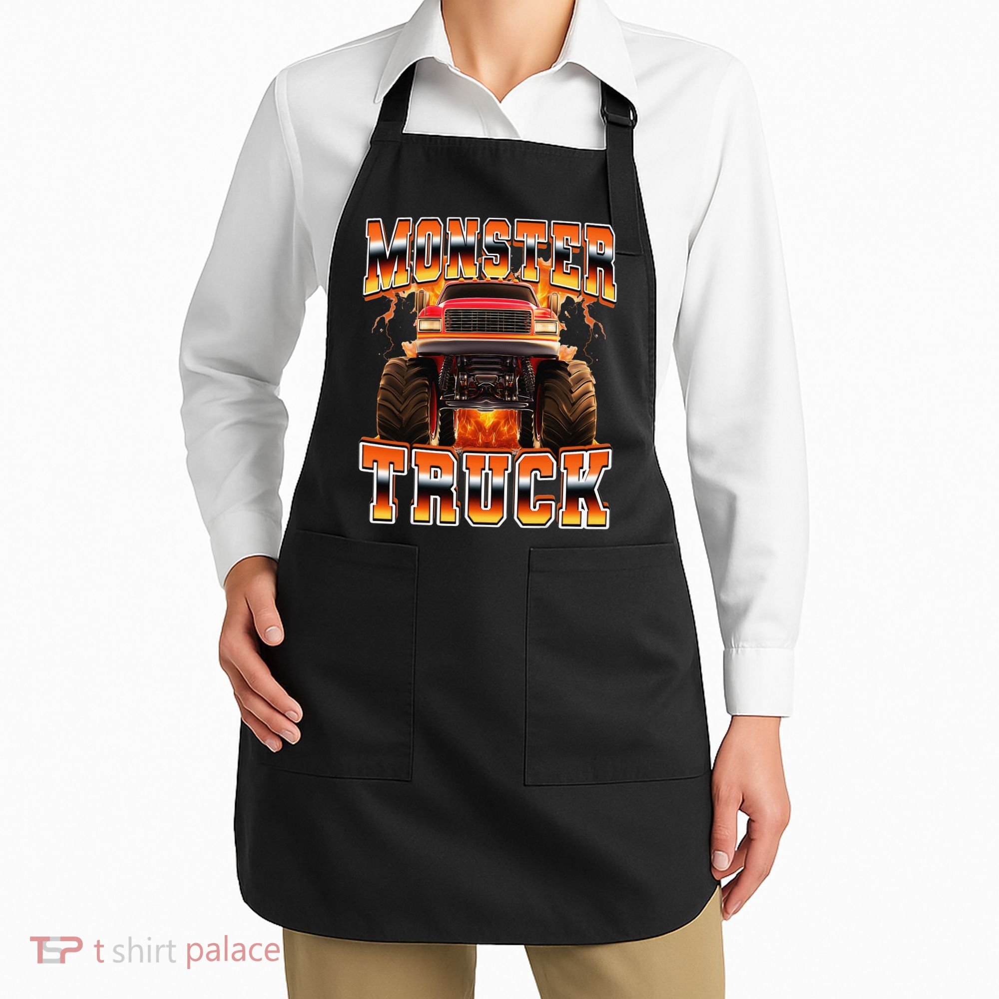 Monster Truck Offroad Flames 90s Bootleg Style Apron