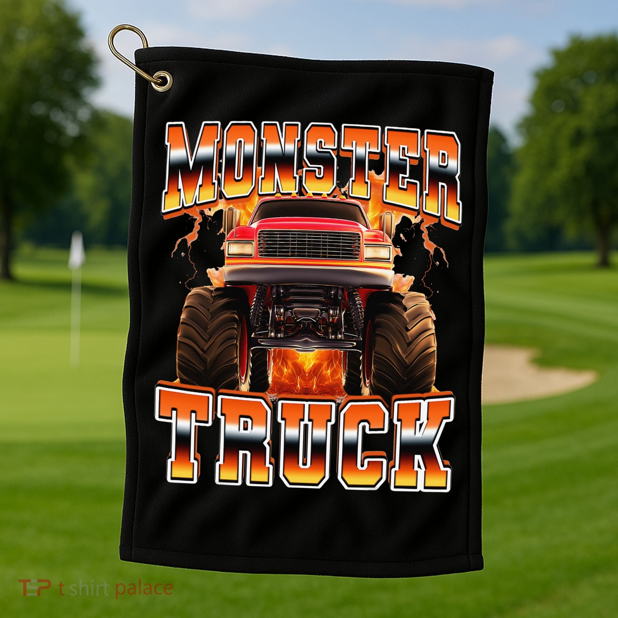 Monster Truck Offroad Flames 90s Bootleg Style Golf Towel