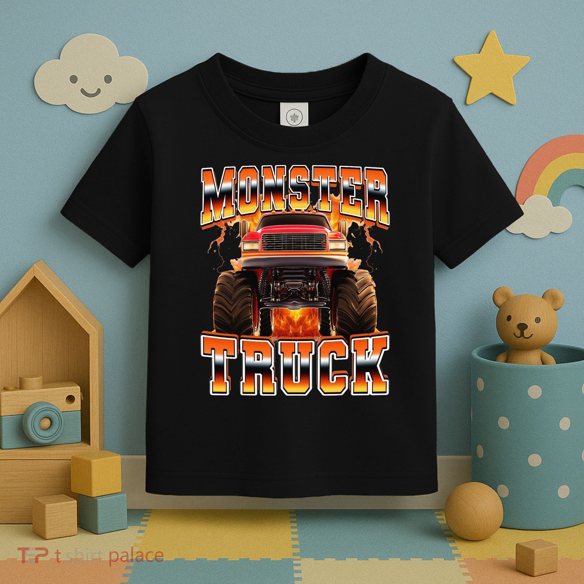 Monster Truck Offroad Flames 90s Bootleg Style Toddler T-Shirt