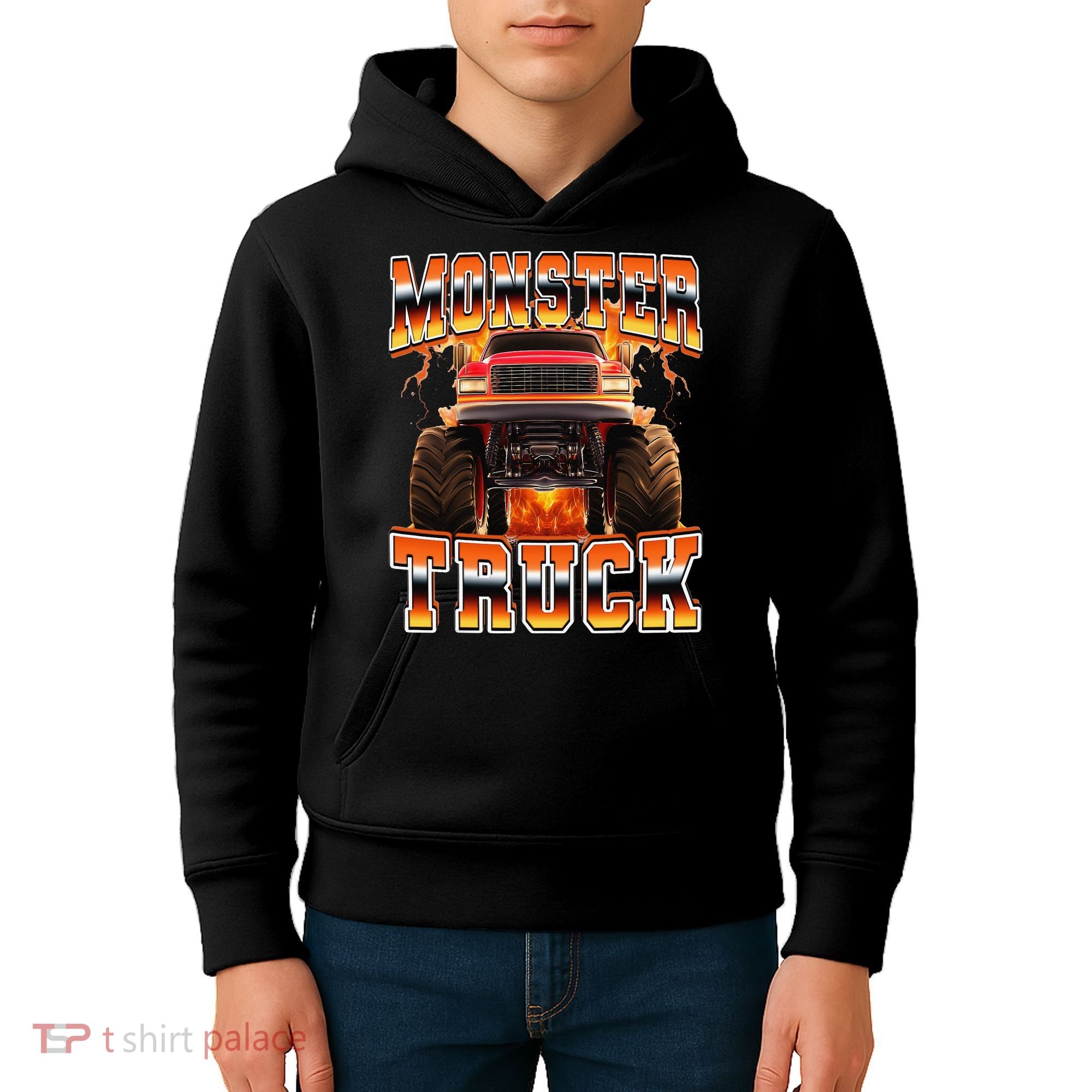 Monster Truck Offroad Flames 90s Bootleg Style Kids Hoodie