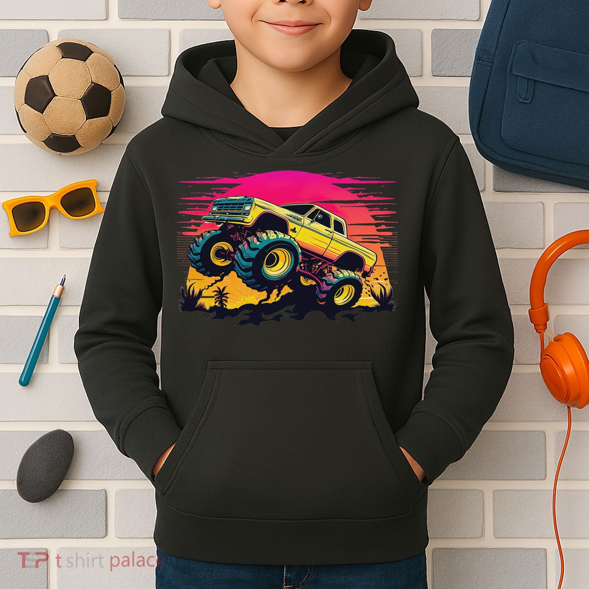 Monster Truck Retro Sunset Monster Trucks Kids Hoodie
