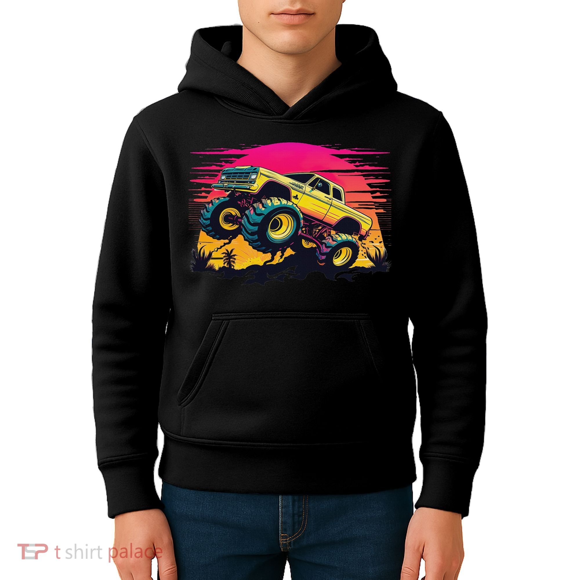 Monster Truck Retro Sunset Monster Trucks Kids Hoodie