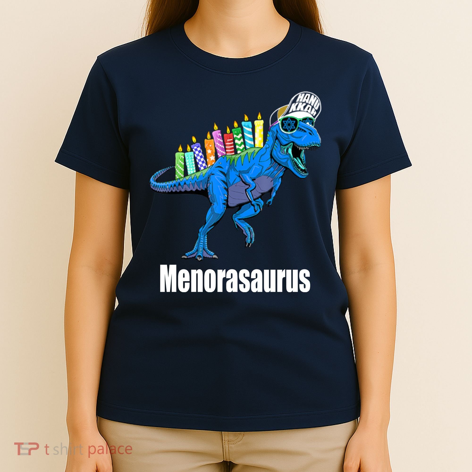 Menorasaurus T Rex Hanukkah Funny Dino T-Shirt