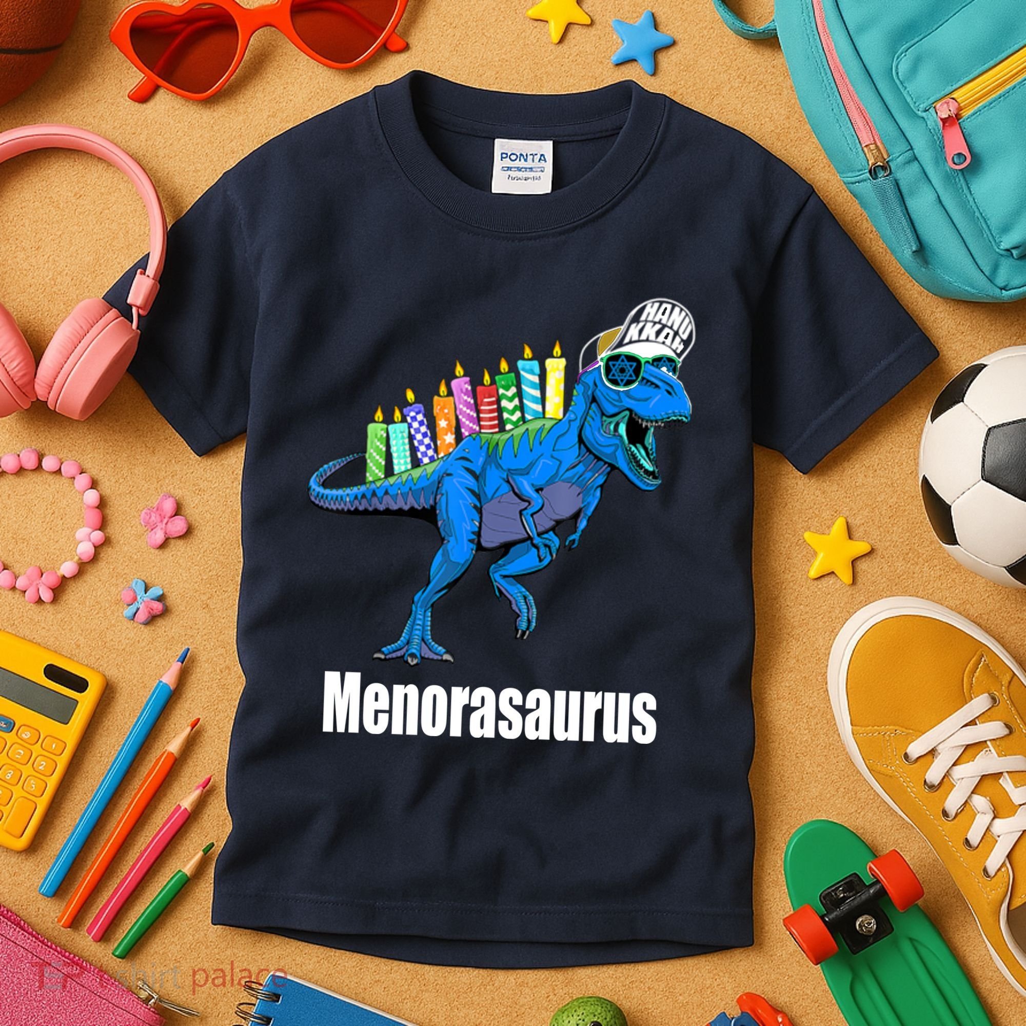 Menorasaurus T Rex Hanukkah Funny Dino Kids T-Shirt