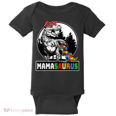Mamasaurus T Rex Dinosaur Mama Saurus Autism Awareness Baby Bodysuit