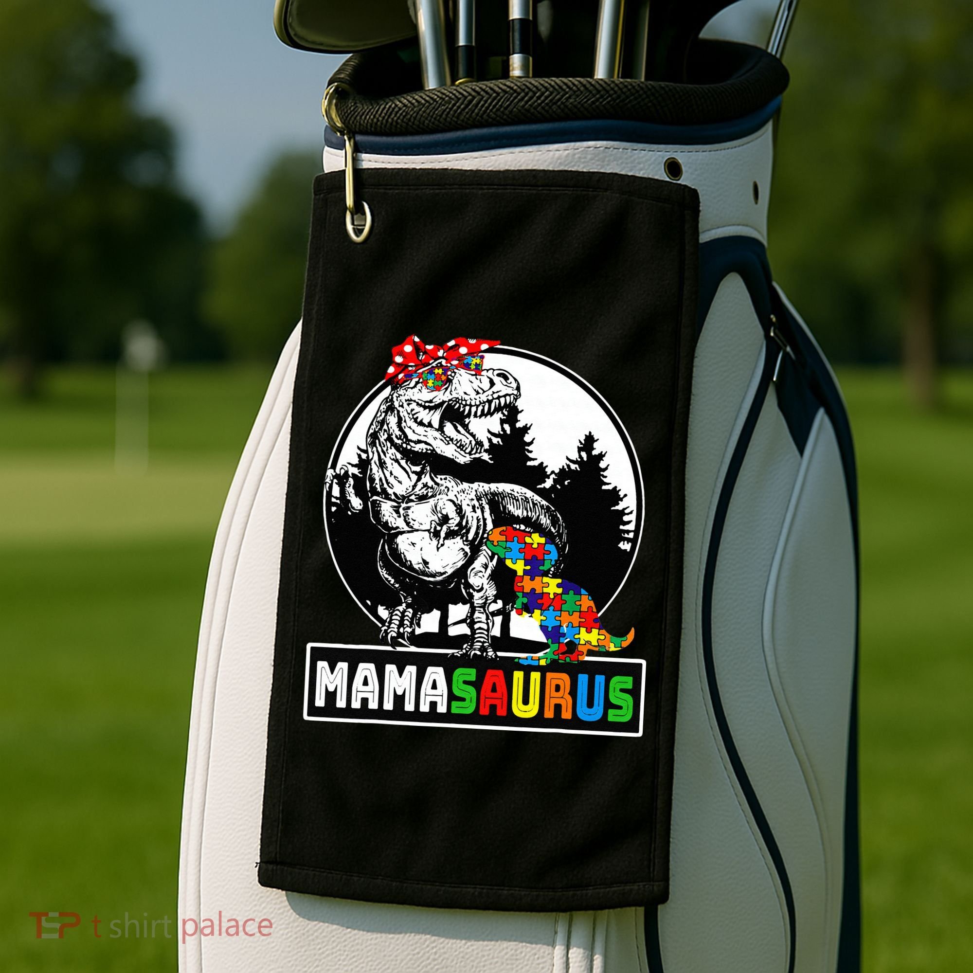 Mamasaurus T Rex Dinosaur Mama Saurus Autism Awareness Golf Towel