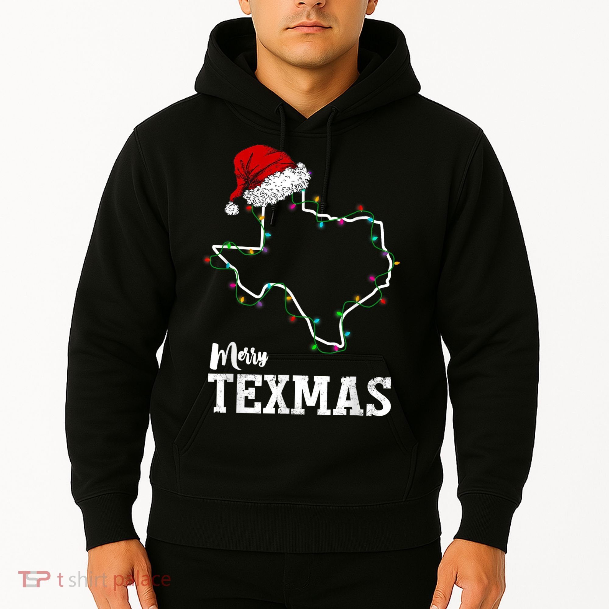 Merry Texmas Texas State Christmas Light Outline Santa Hat Hoodie
