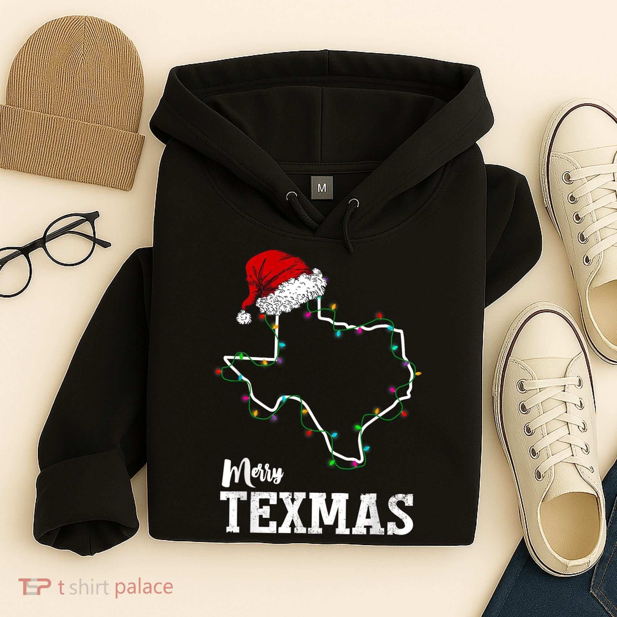 Merry Texmas Texas State Christmas Light Outline Santa Hat Hoodie