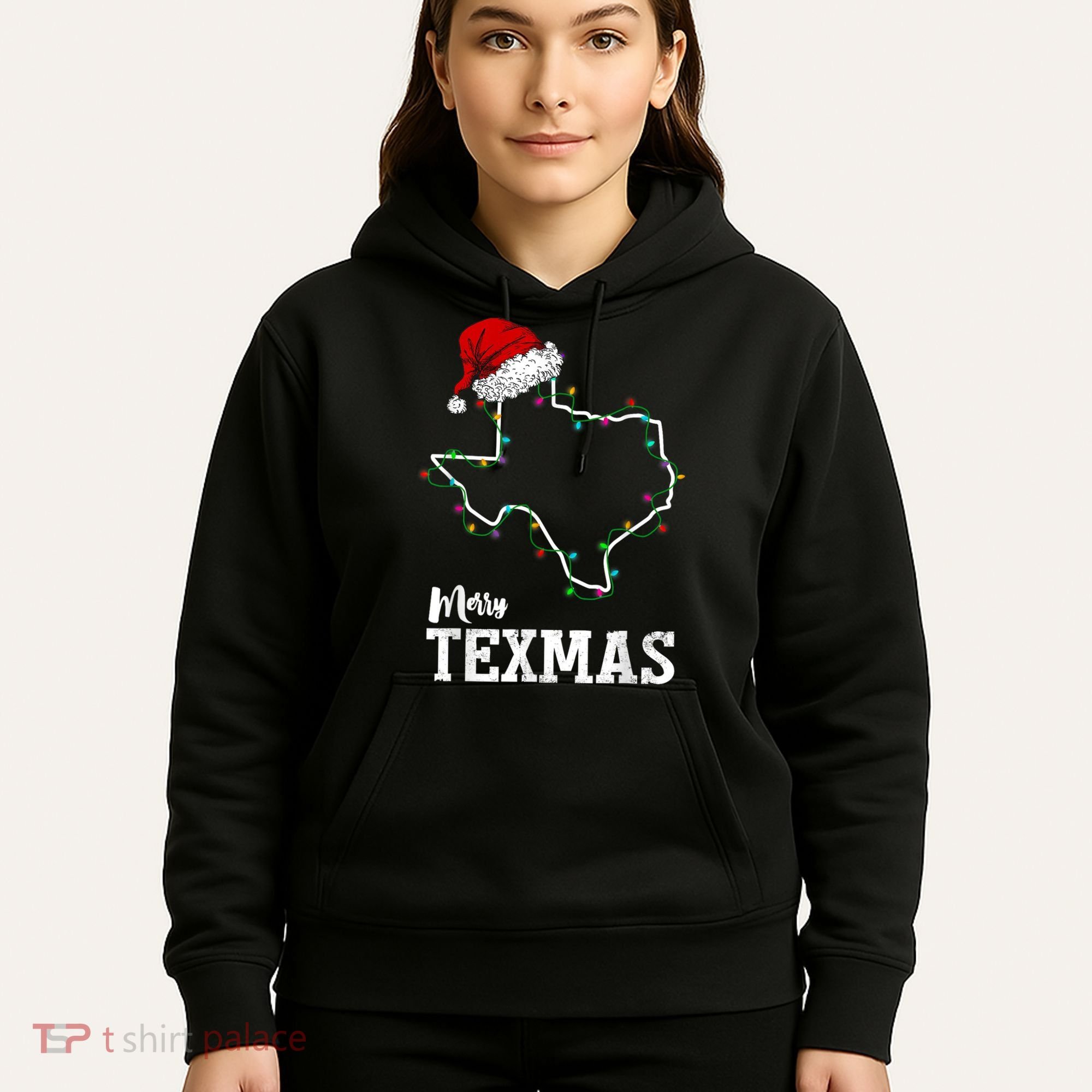 Merry Texmas Texas State Christmas Light Outline Santa Hat Hoodie
