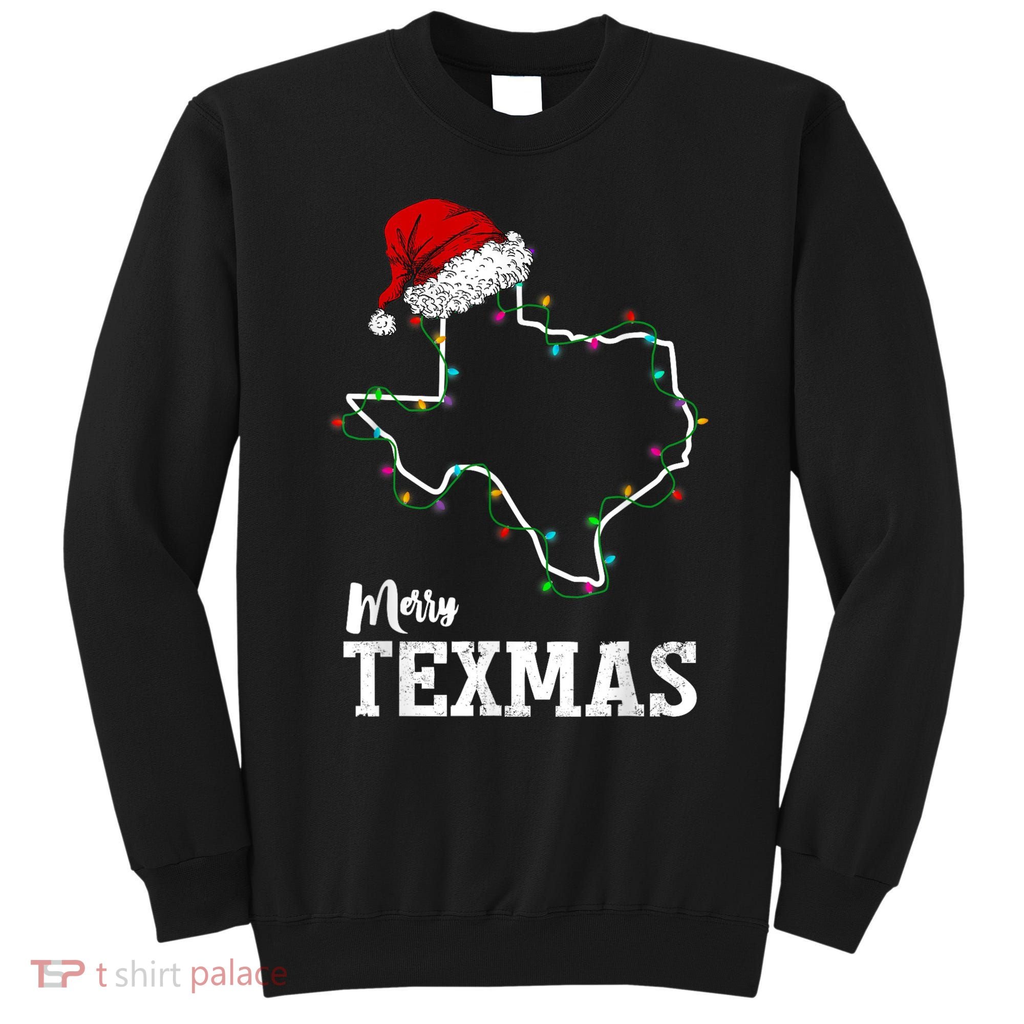 Merry Texmas Texas State Christmas Light Outline Santa Hat Sweatshirt