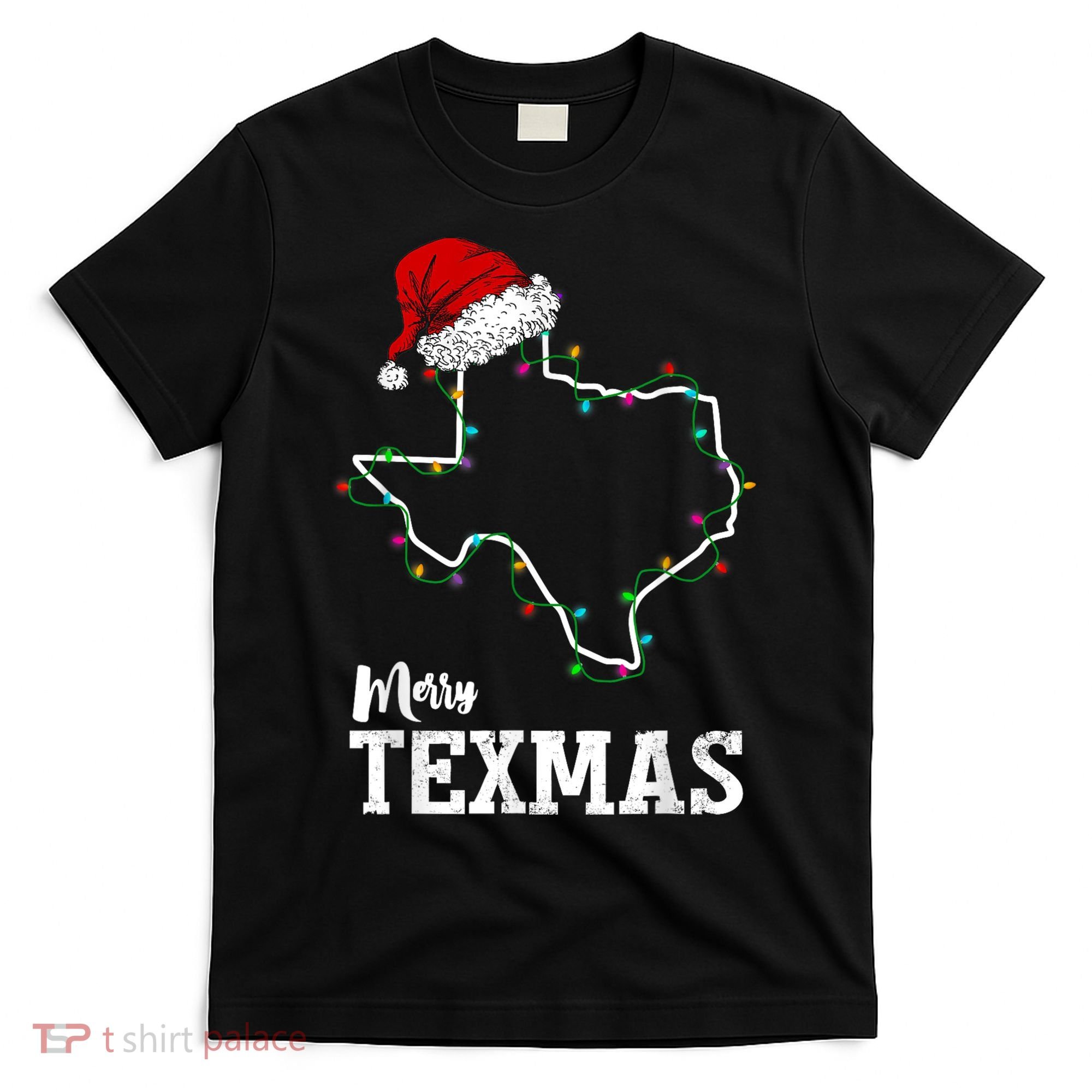Merry Texmas Texas State Christmas Light Outline Santa Hat T-Shirt