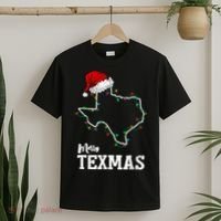 Merry Texmas Texas State Christmas Light Outline Santa Hat T-Shirt thumb 2
