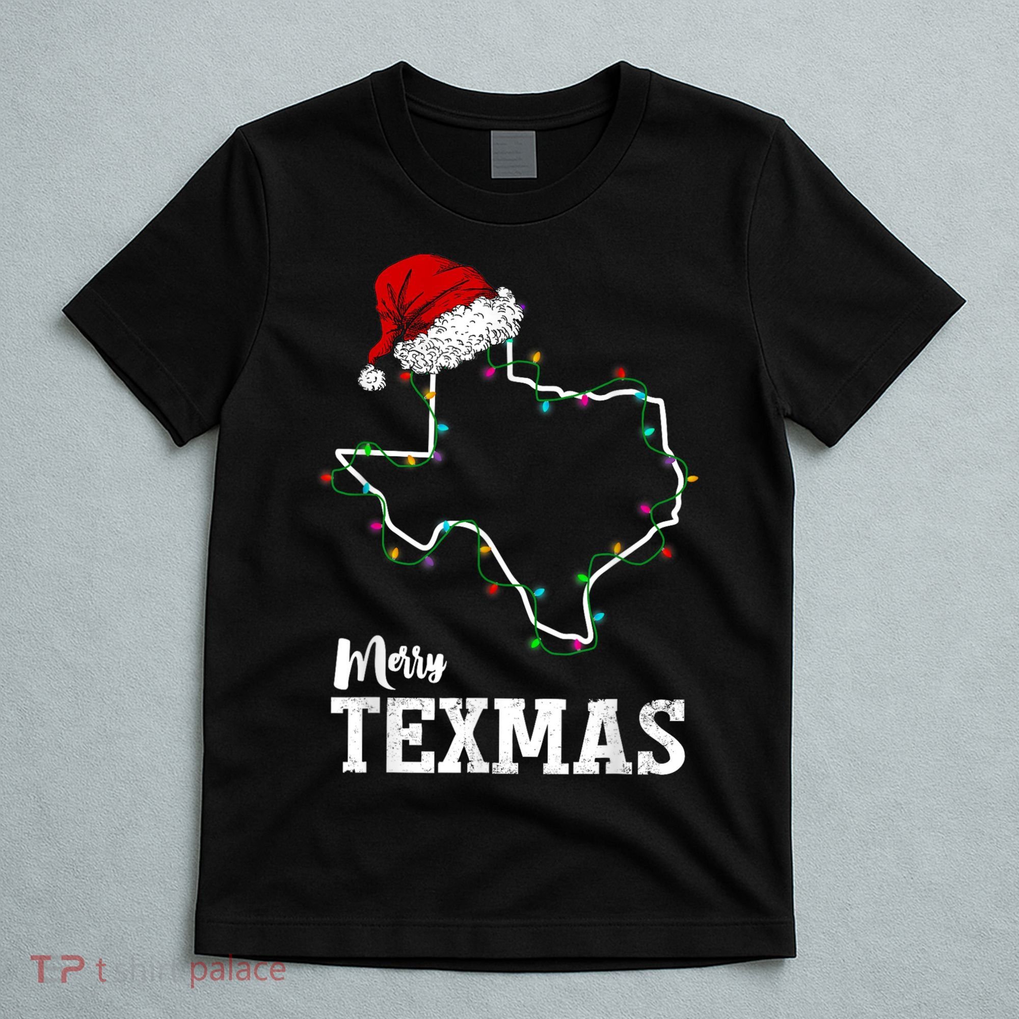 Merry Texmas Texas State Christmas Light Outline Santa Hat T-Shirt