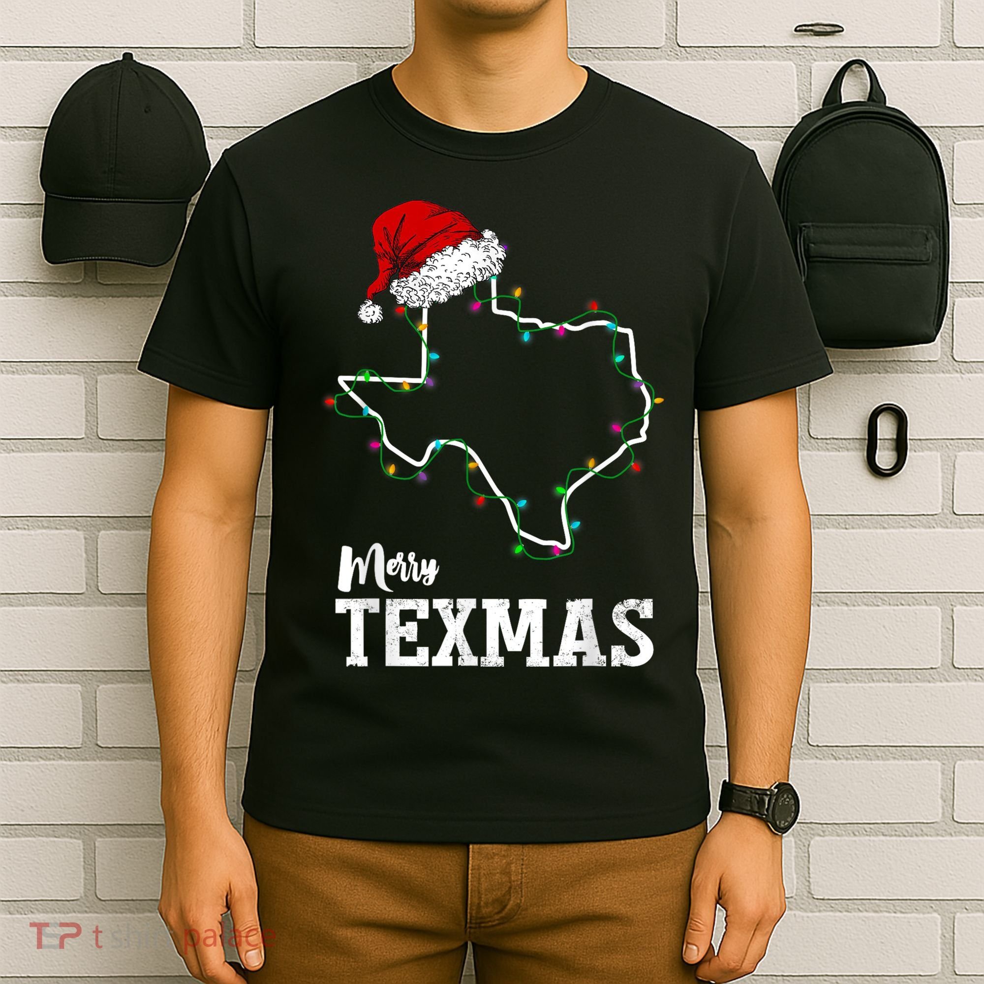 Merry Texmas Texas State Christmas Light Outline Santa Hat T-Shirt