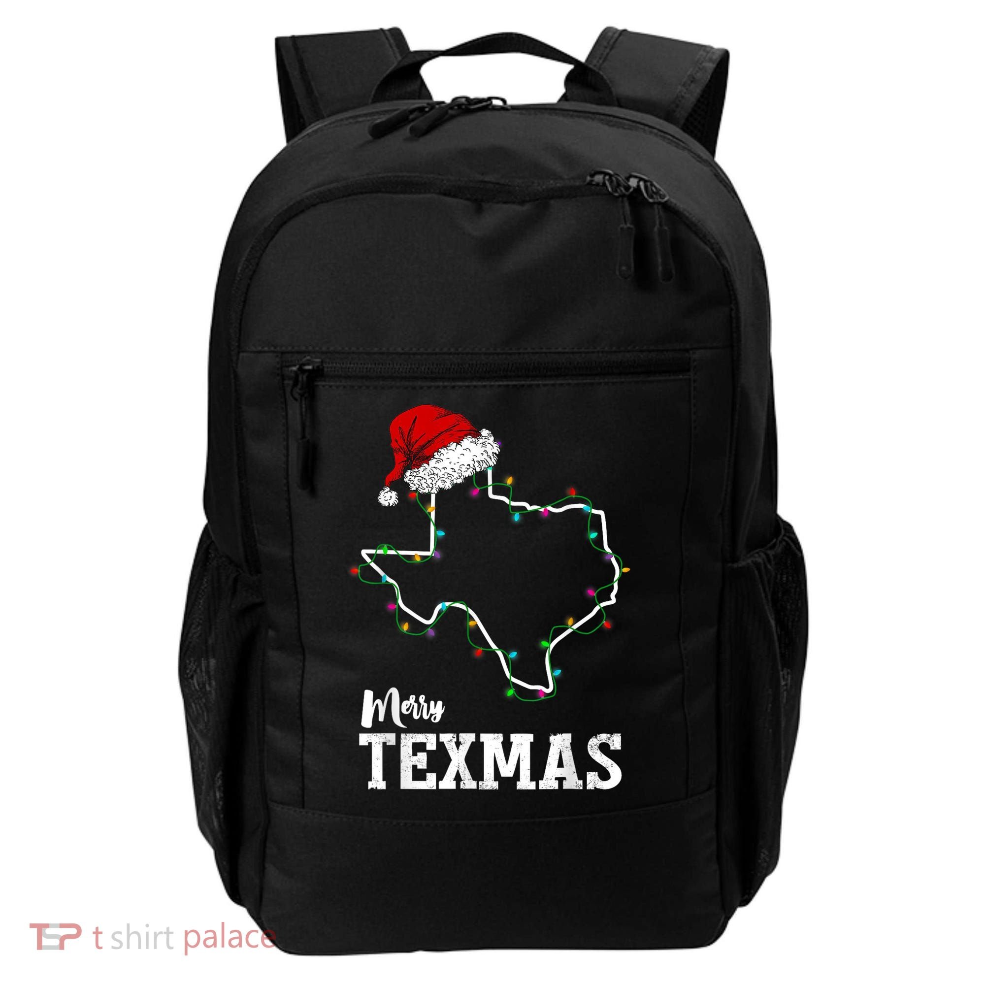 Merry Texmas Texas State Christmas Light Outline Santa Hat Backpack