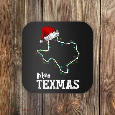 Merry Texmas Texas State Christmas Light Outline Santa Hat Coaster