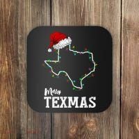 Merry Texmas Texas State Christmas Light Outline Santa Hat Coaster thumb 0