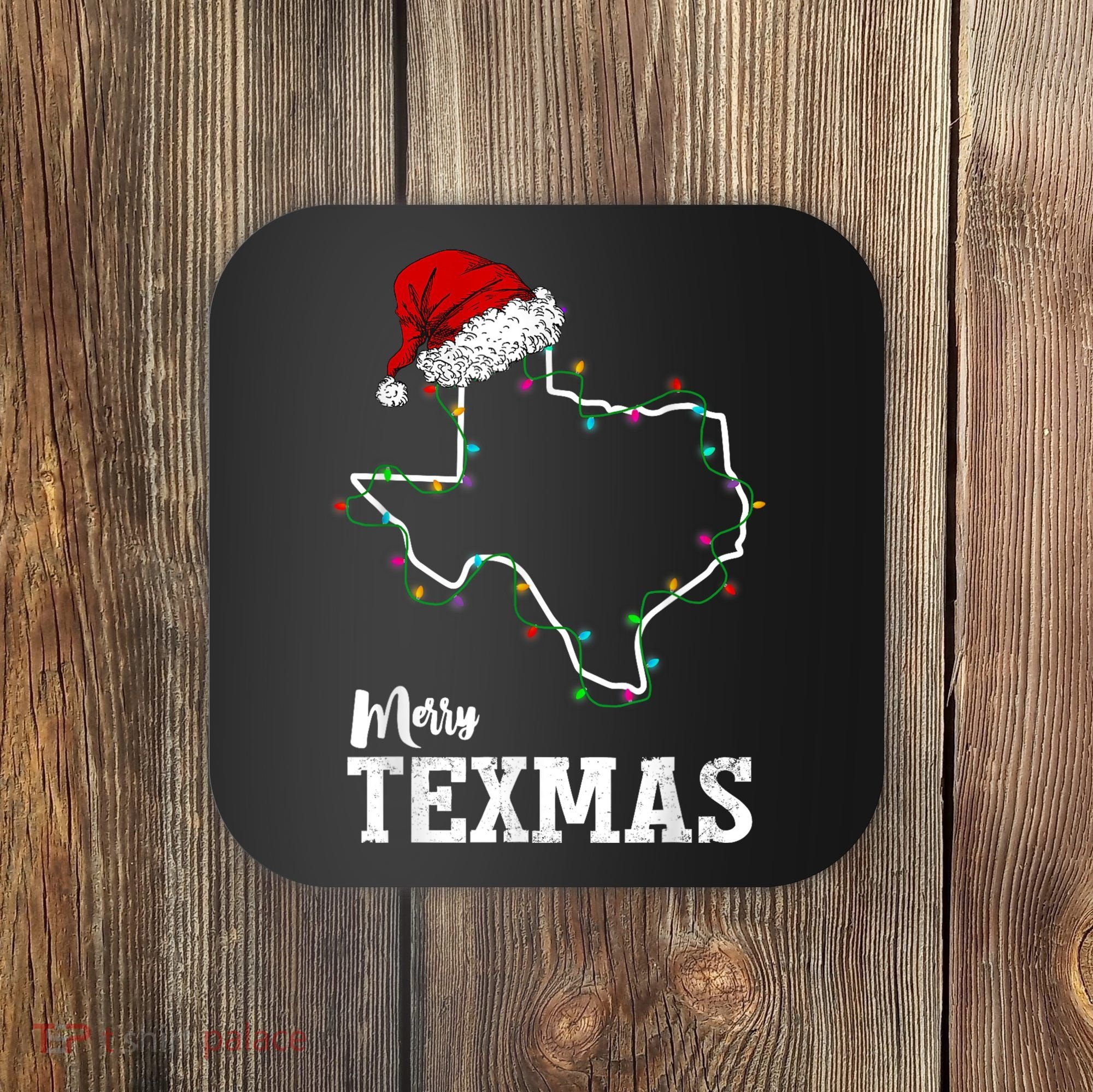 Merry Texmas Texas State Christmas Light Outline Santa Hat Coaster