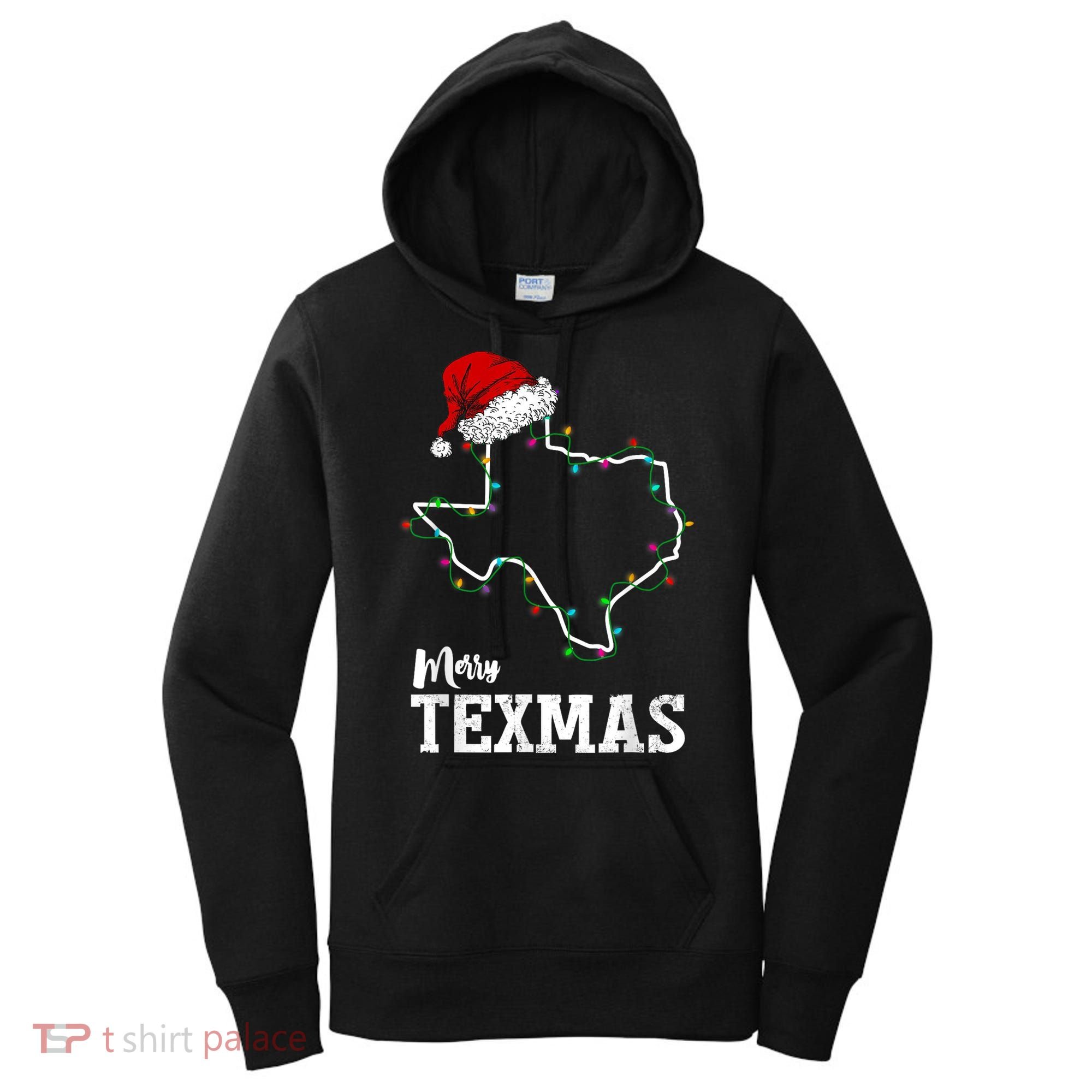 Merry Texmas Texas State Christmas Light Outline Santa Hat Women's Hoodie