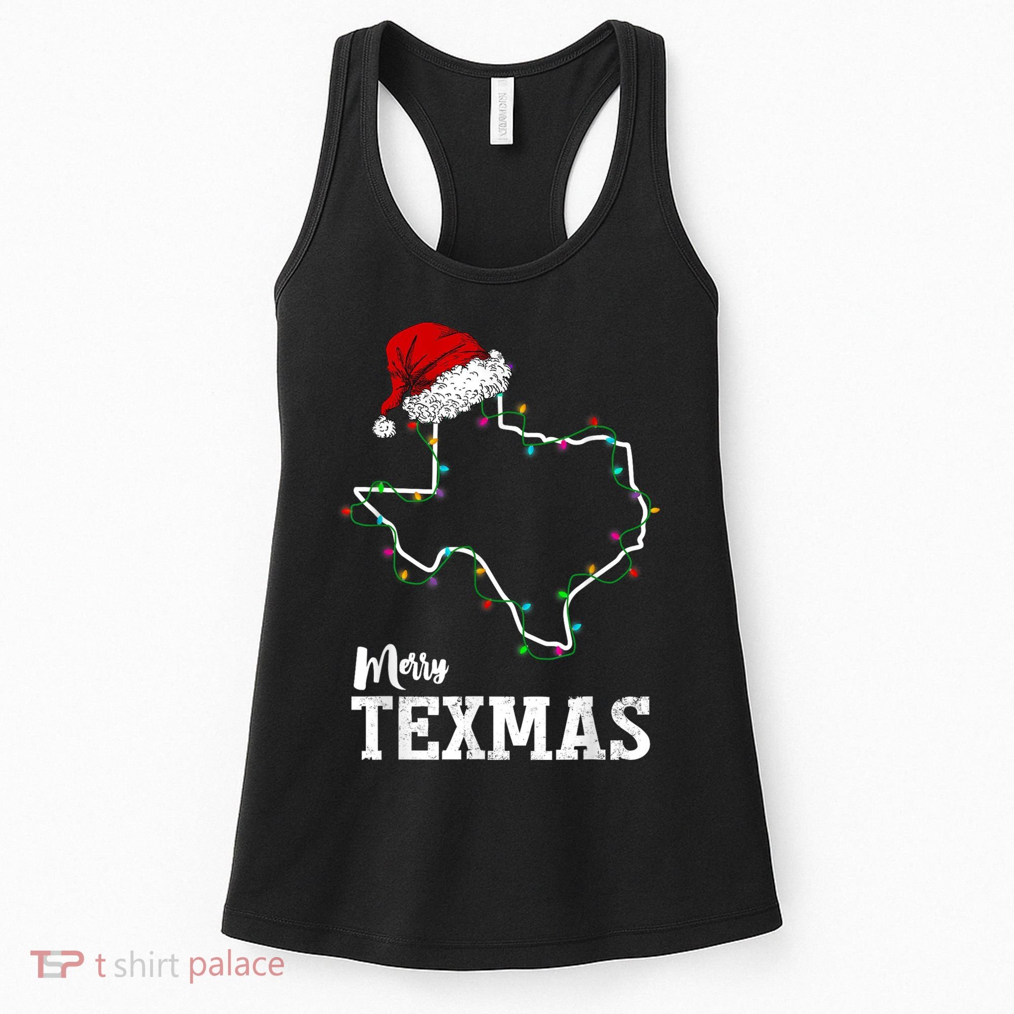 Merry Texmas Texas State Christmas Light Outline Santa Hat Women's Tank Top