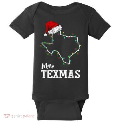 Merry Texmas Texas State Christmas Light Outline Santa Hat Baby Bodysuit