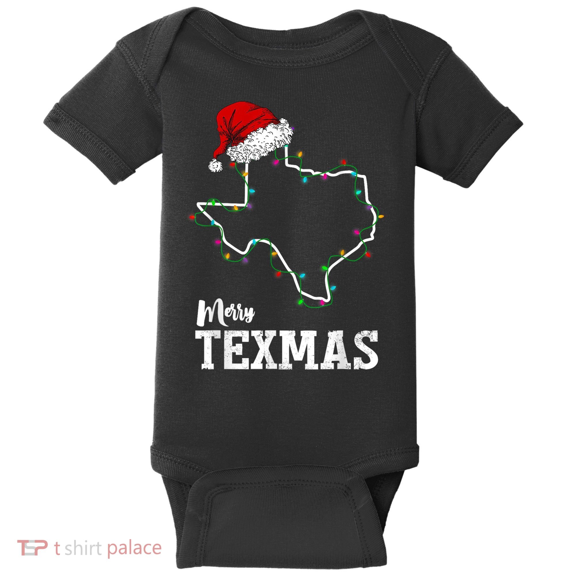 Merry Texmas Texas State Christmas Light Outline Santa Hat Baby Bodysuit