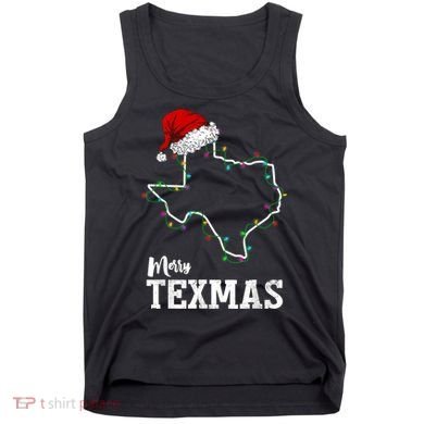 Merry Texmas Texas State Christmas Light Outline Santa Hat Tank Top