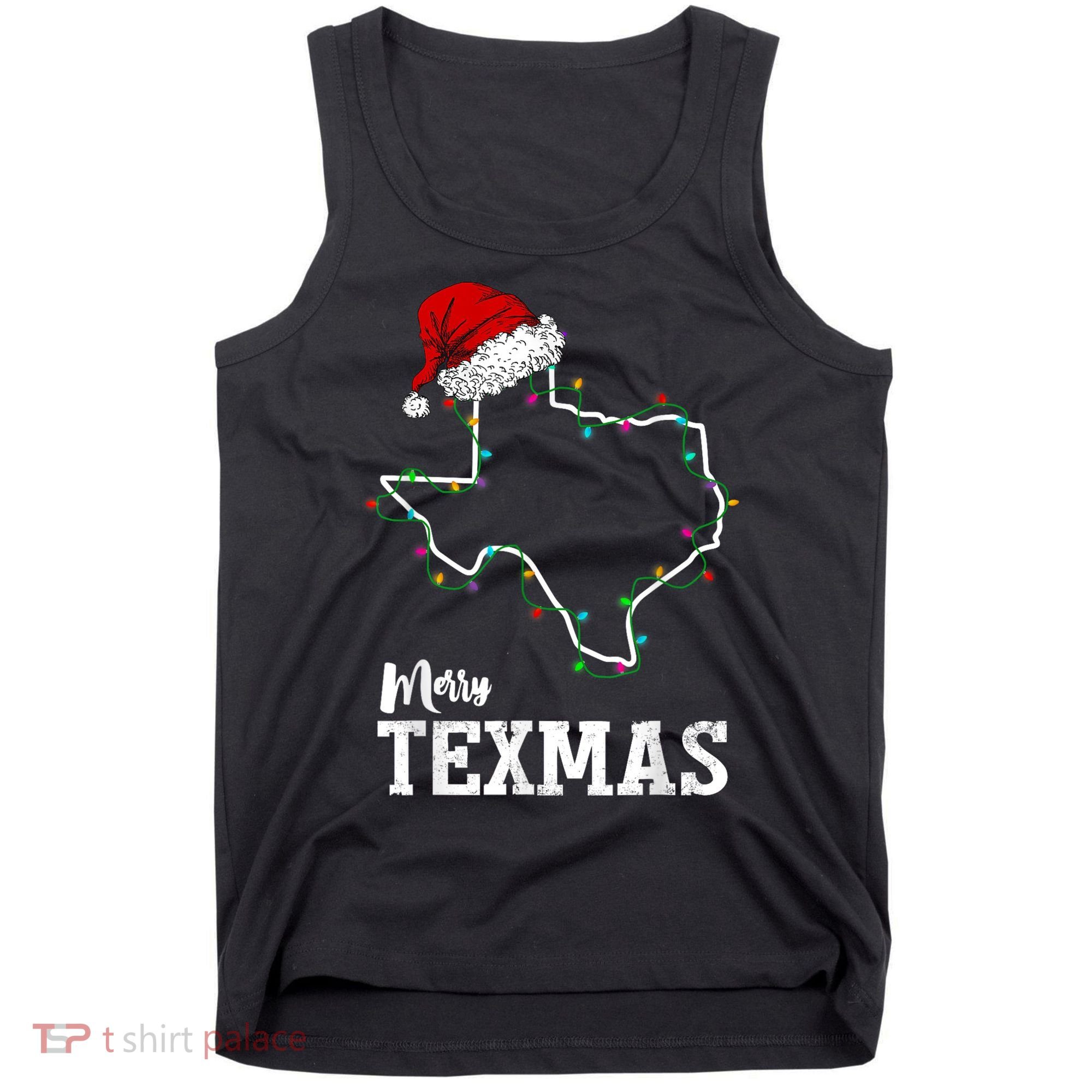 Merry Texmas Texas State Christmas Light Outline Santa Hat Tank Top
