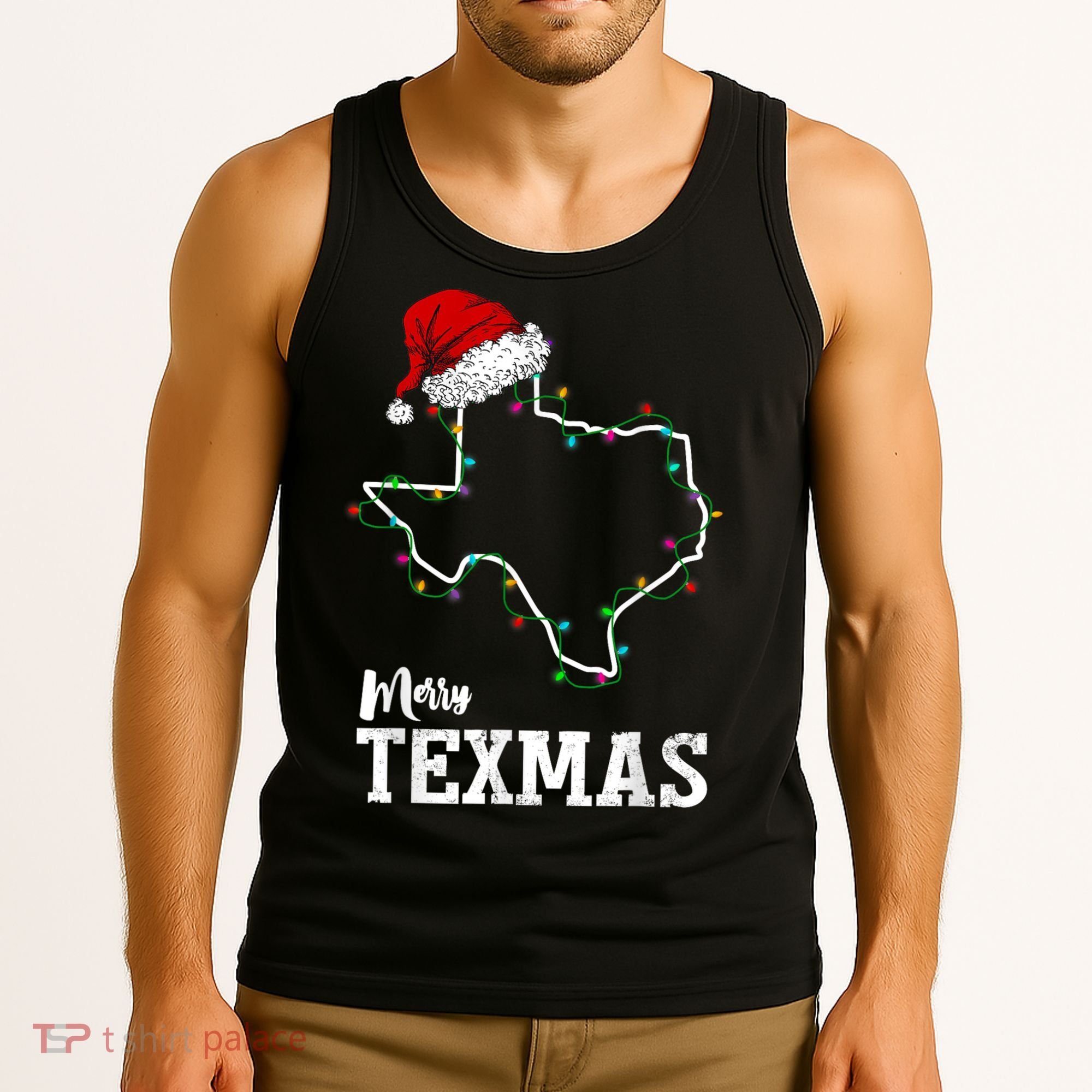 Merry Texmas Texas State Christmas Light Outline Santa Hat Tank Top