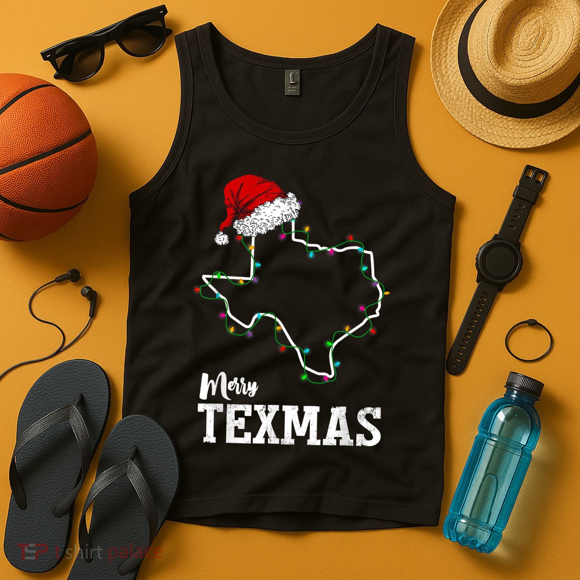 Merry Texmas Texas State Christmas Light Outline Santa Hat Tank Top