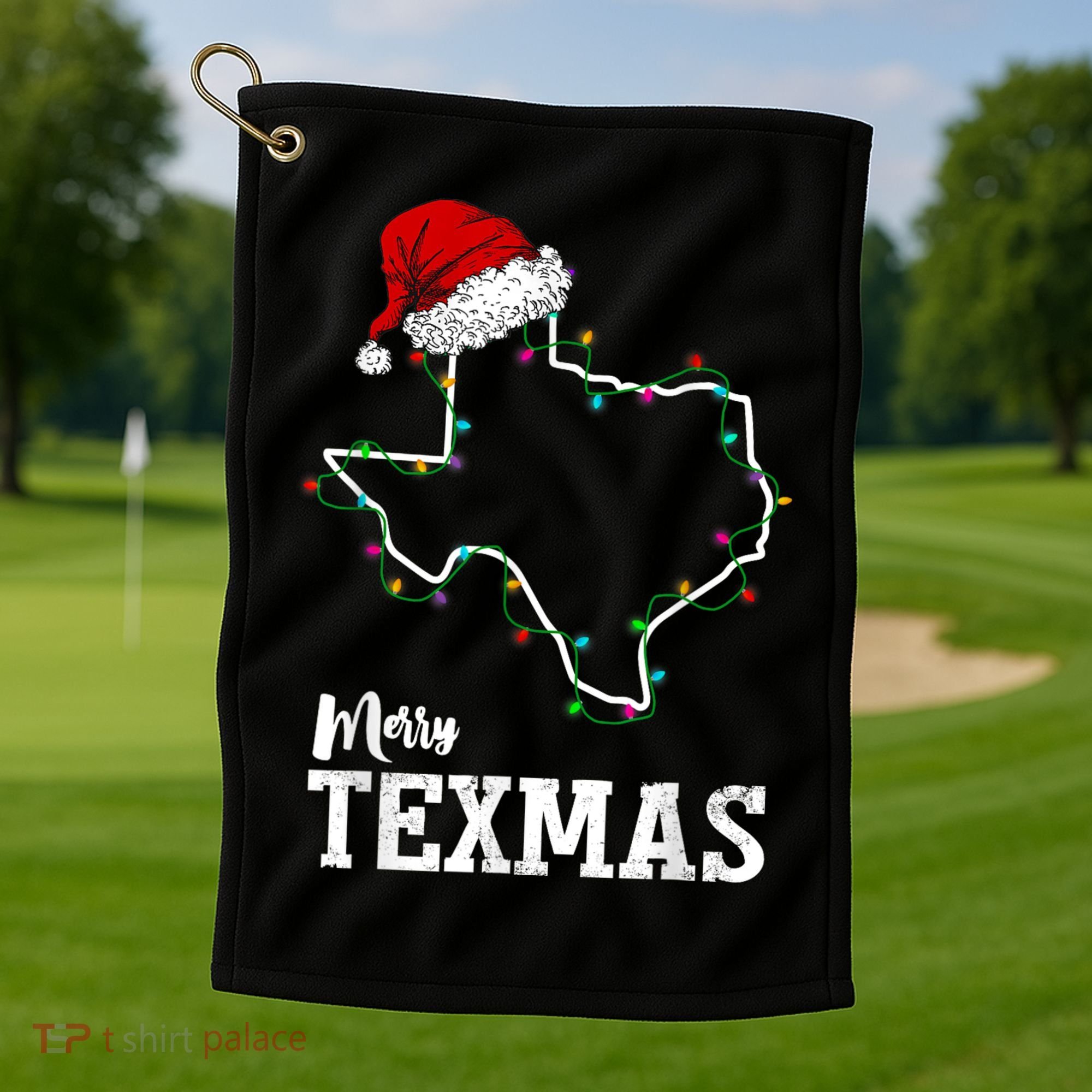Merry Texmas Texas State Christmas Light Outline Santa Hat Golf Towel